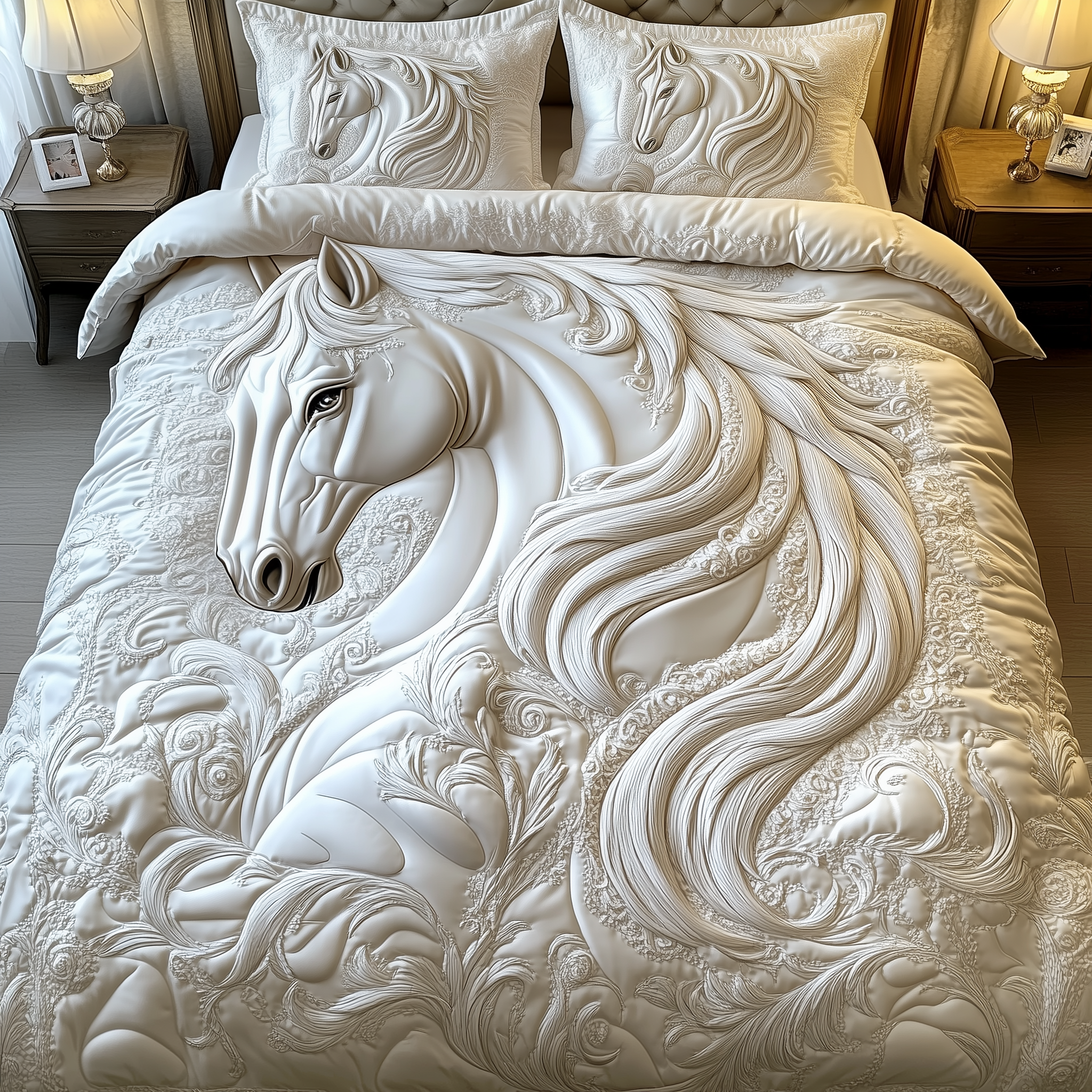 Elegant White Horse Quilted Bedding Set Bed Bedding Set Inexpensive Gifts For Horse Lovers