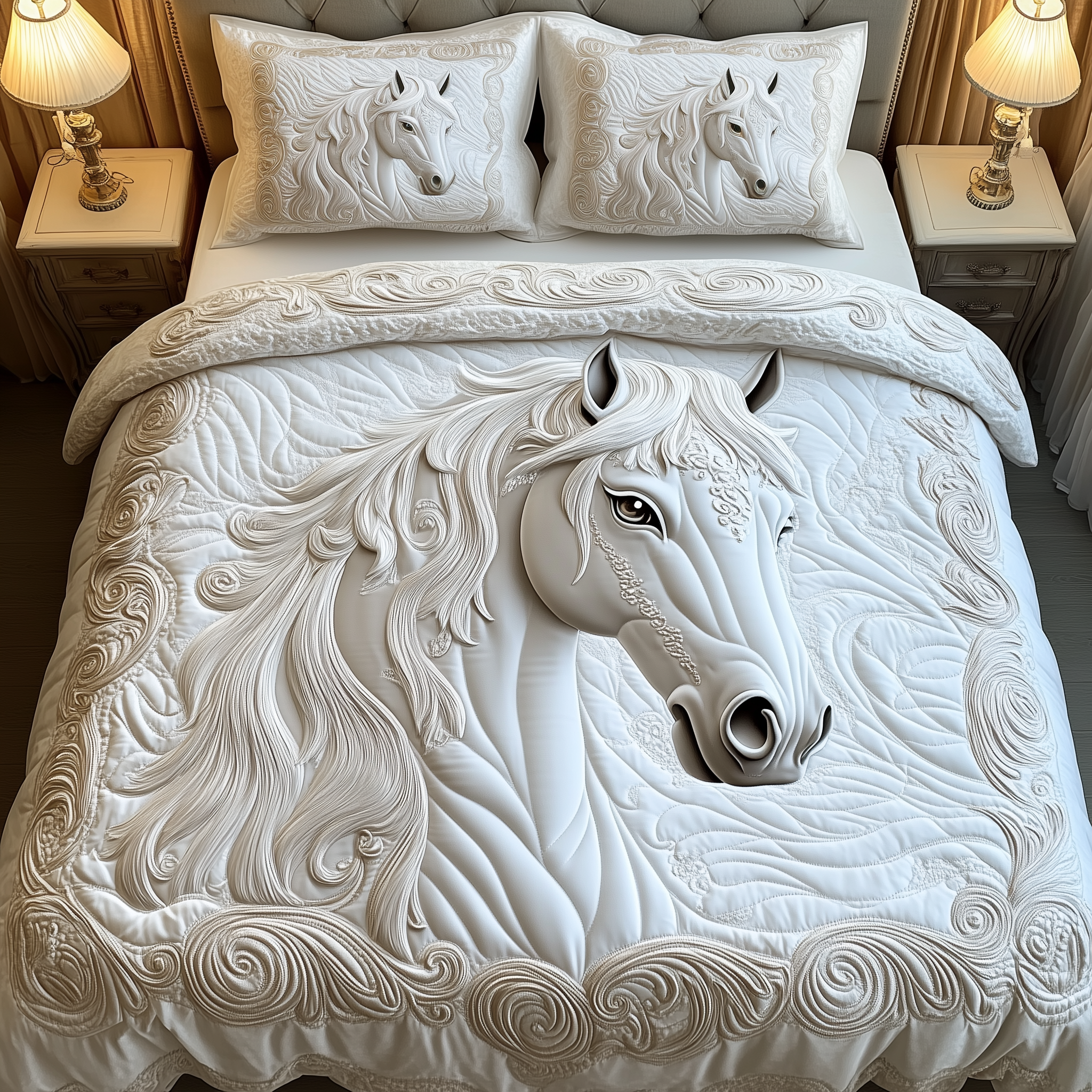 Elegant White Horse Quilted Bedding Set Best Bedsheets Best Gifts For Horse Owners