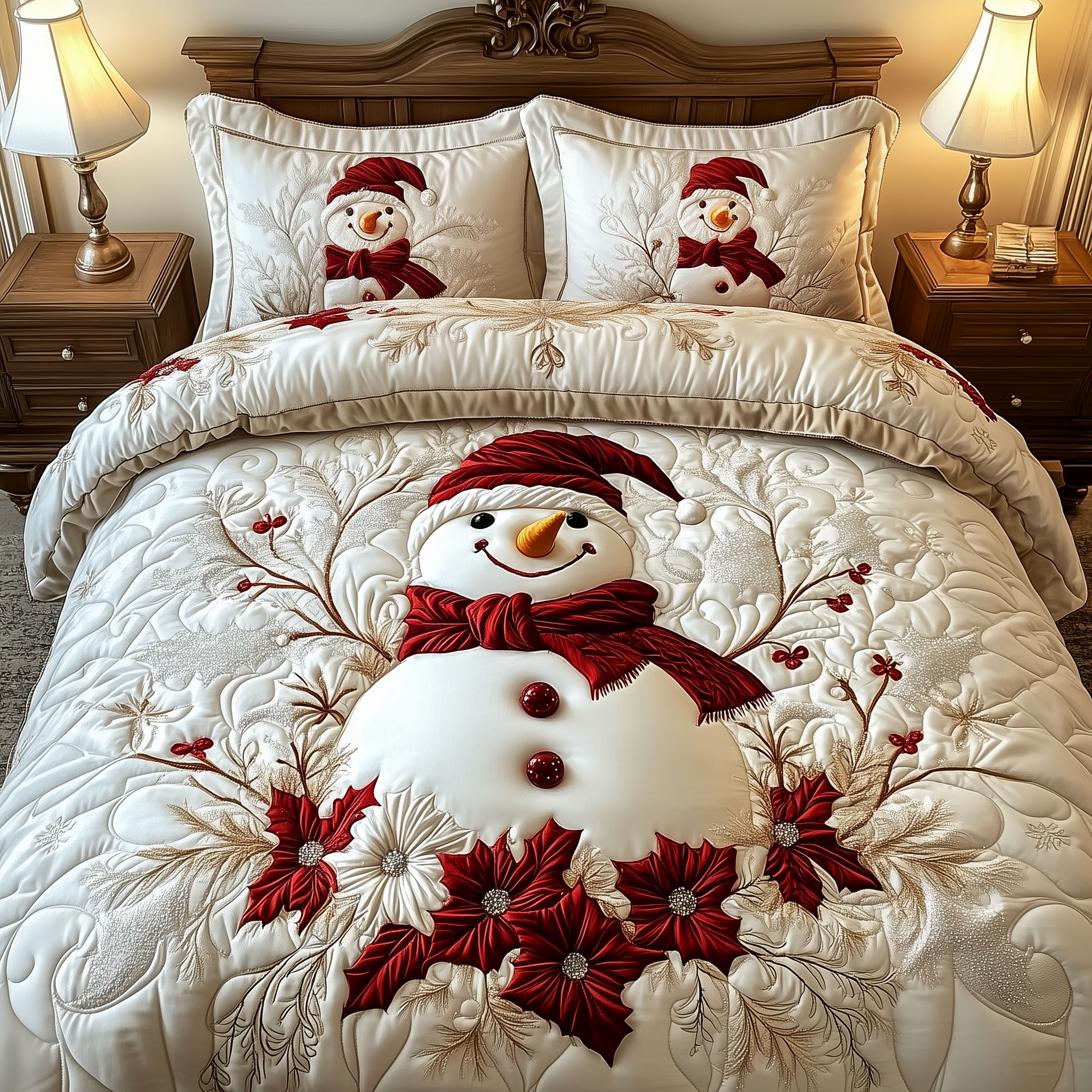 Elegant Winter Snowman Quilted Bedding Set Cozy Christmas Bedroom Stocking Stuffers For Mom
