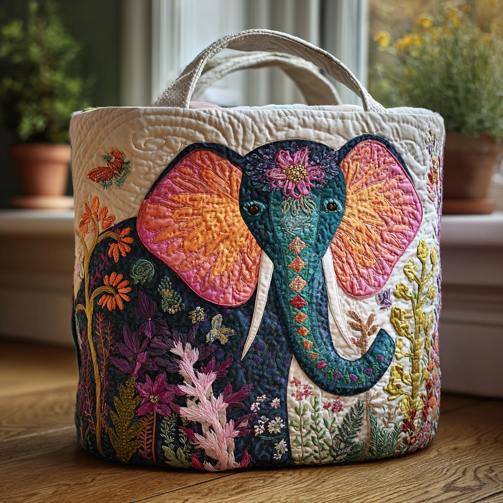 Elephant Bloom Quilted Laundry Basket Foldable Clothes Hamper Top Gifts For Elephant Lovers