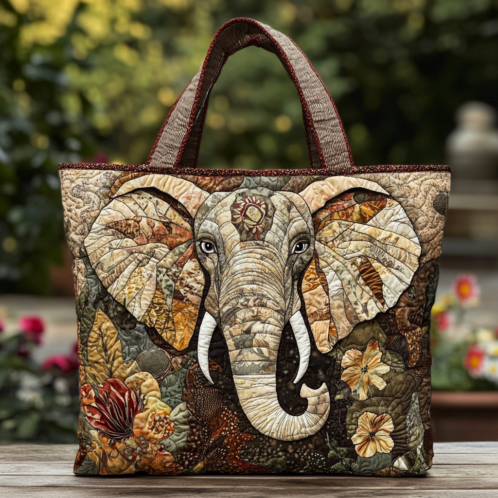 Elephant Charm Quilted Tote Bag Shoulder Bag Vintage Elephant Themed Gifts