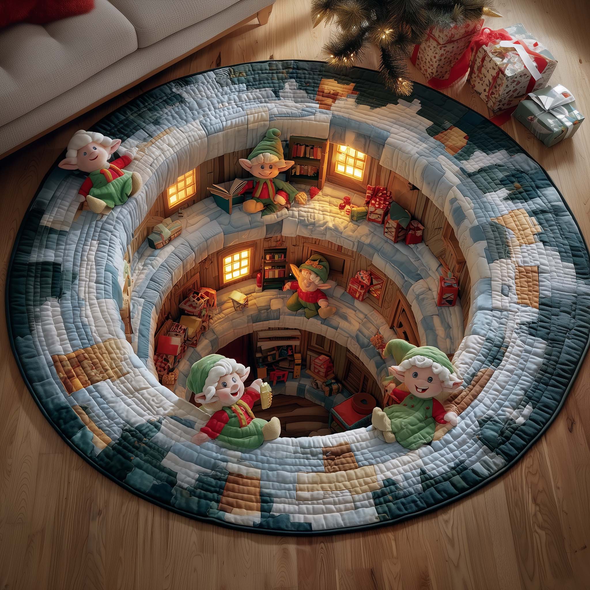 Elves Working Quilted Round Mat Beautiful Quilted Round Mat Gift for Loved Ones