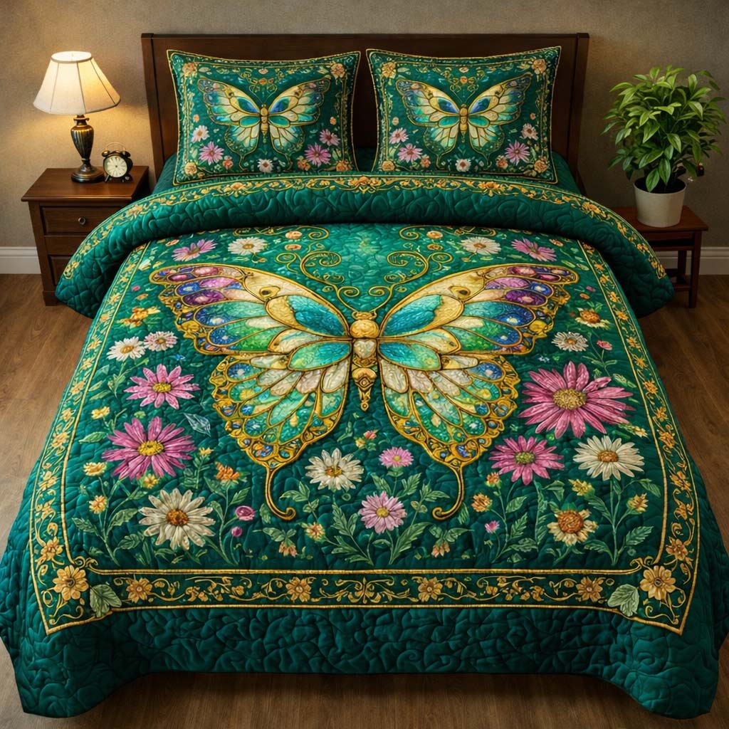 Emerald Butterfly Garden Quilted Bedding Set Best King Sheets Best Mother's Day From For Husband