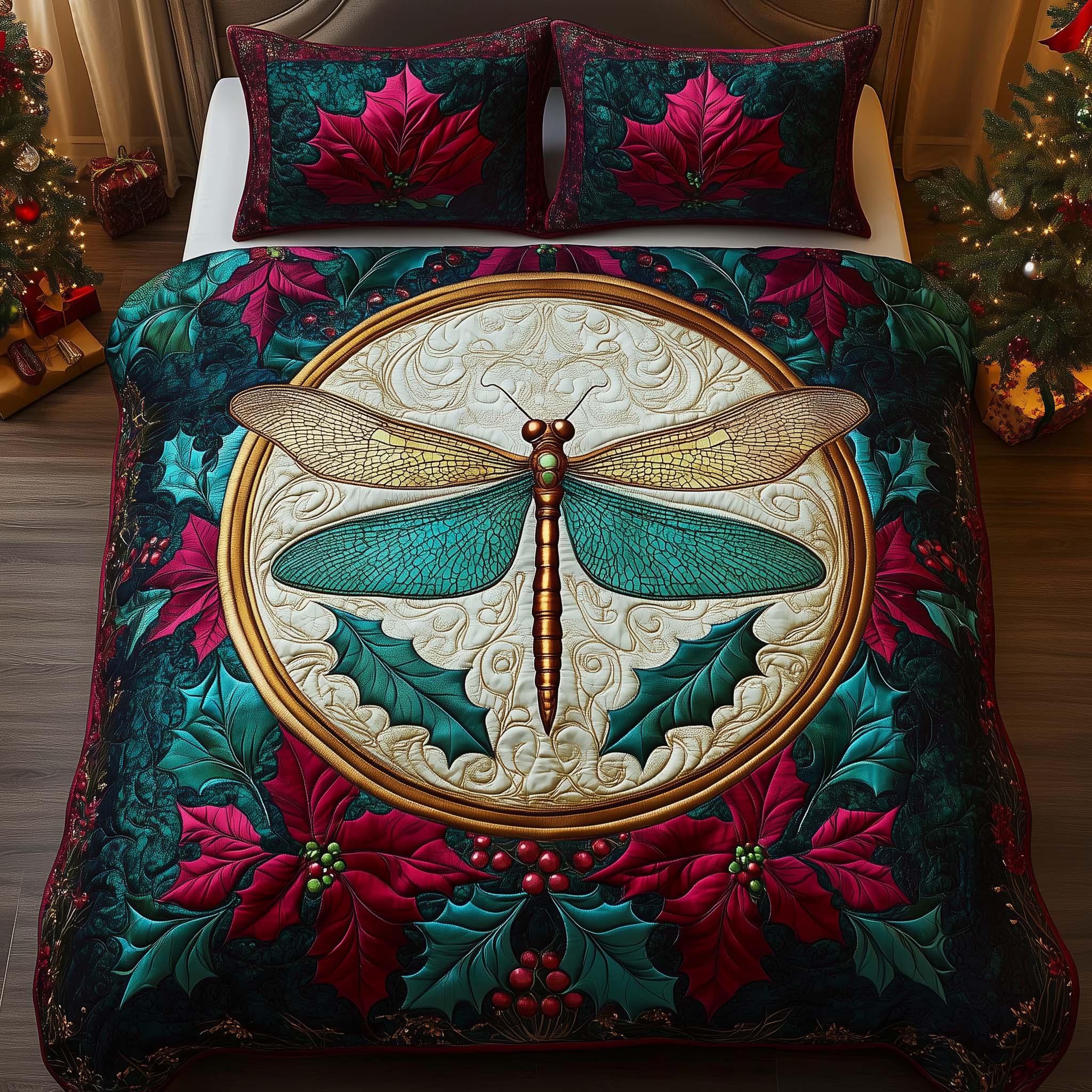 Emerald Dragonfly Quilted Bedding Set Xmas Bedroom Best Dragonfly Gifts For Mom
