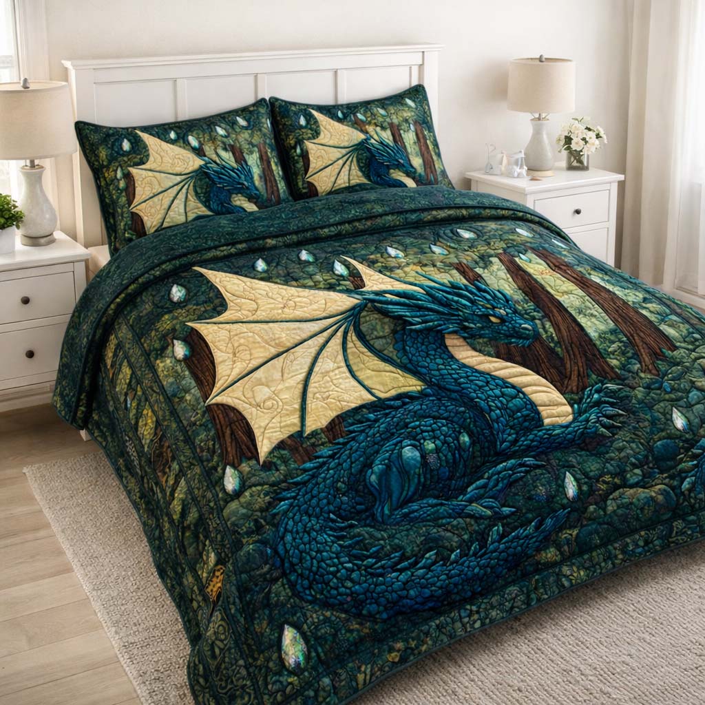 Emerald Forest Dragon Quilted Bedding Set Best King Sheet Set Unique Best Gifts For DragonLovers
