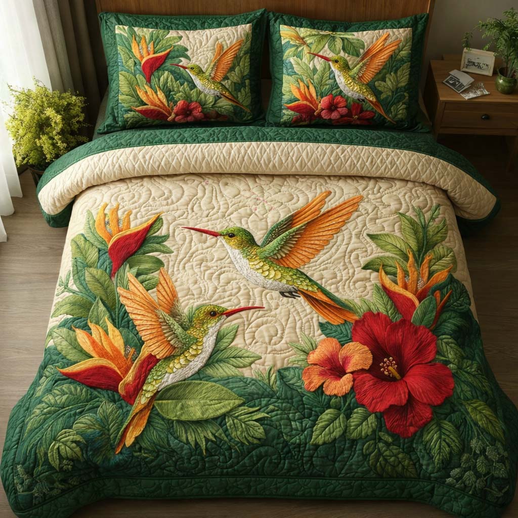 Emerald Hibiscus Quilted Bedding Set Bed Room Art Best Hummingbird Gifts For Christmas