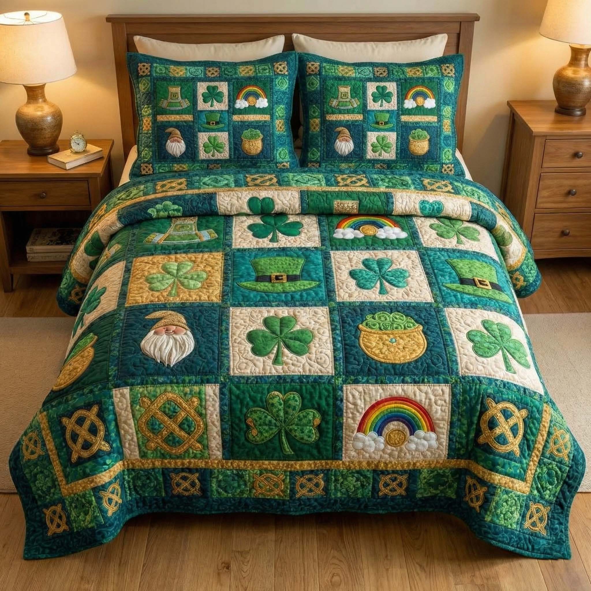 Emerald Luck Quilted Bedding Set Bed Bedding Set St Pats Gifts