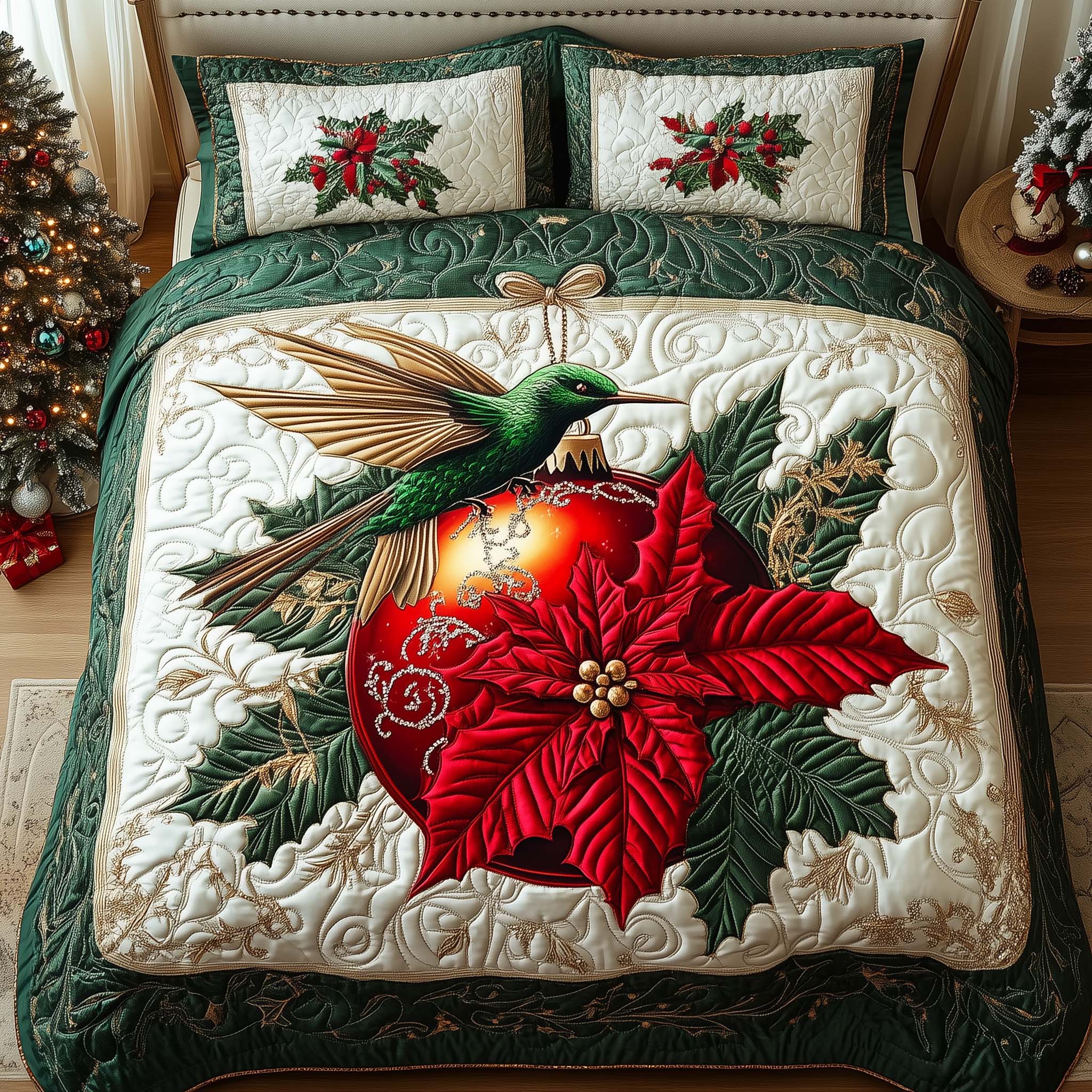 Emerald Ornament Quilted Bedding Set Christmas Bedspreads Hummingbird Birthday Gift Ideas