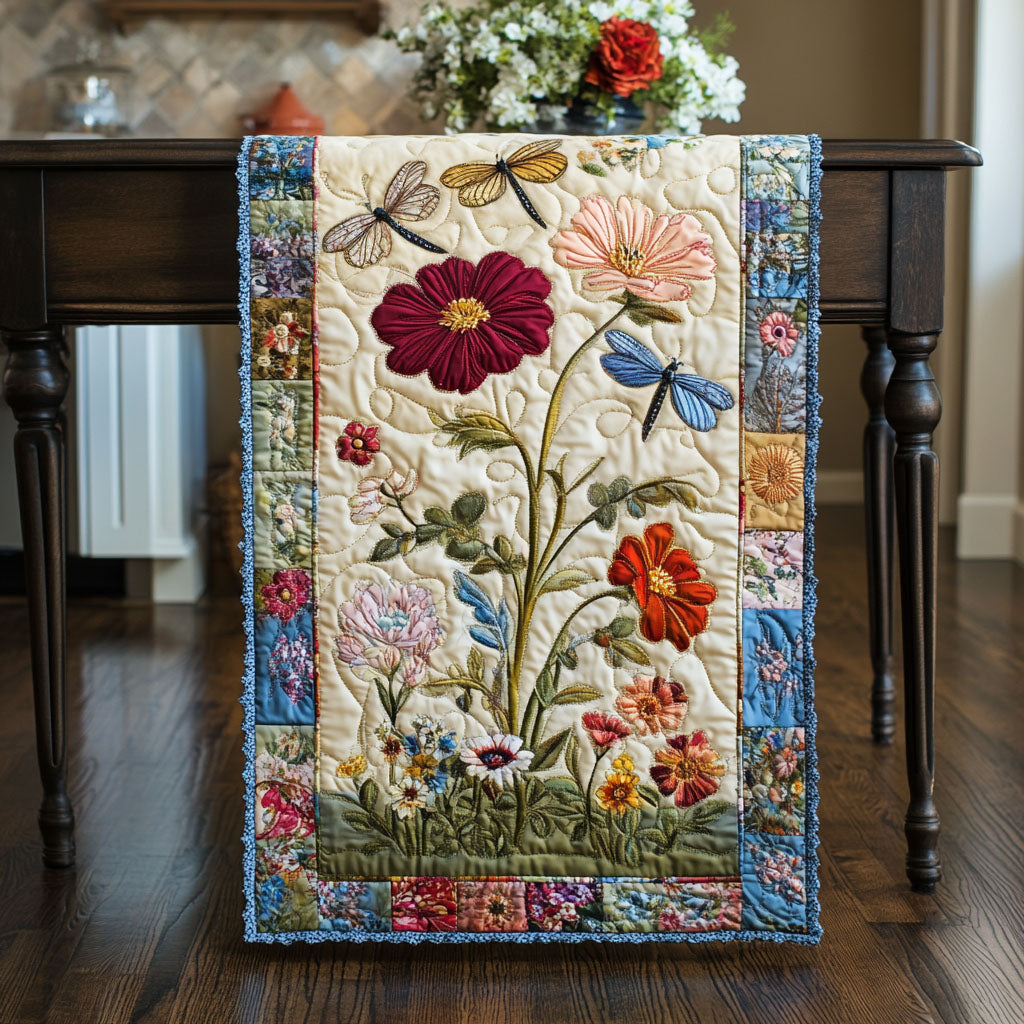 Enchanted Floral Flight Quilted Table Runner Dining Table Decor Gift For Someone Who Loves Dragonflies