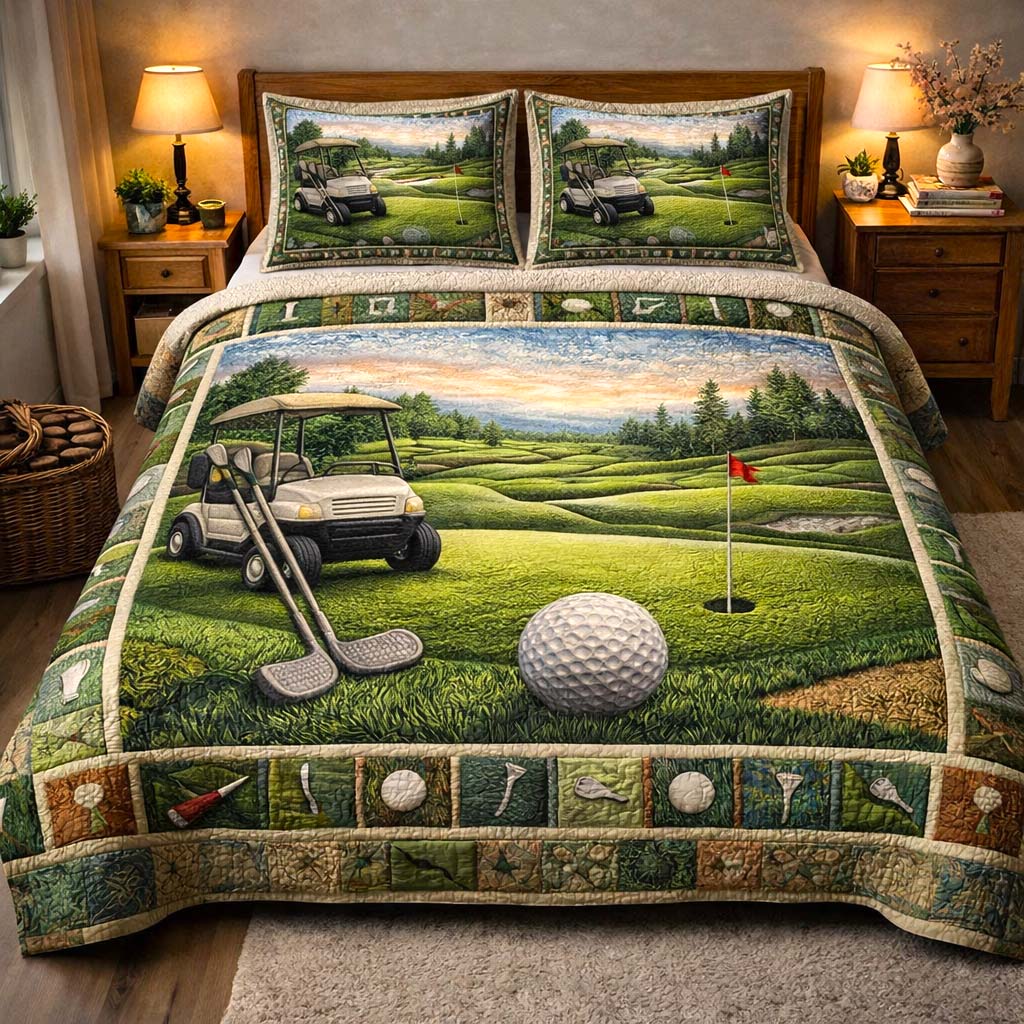 Fairway Golf Quilted Bedding Set Best King Size Sheets Golf Gifts For Guys