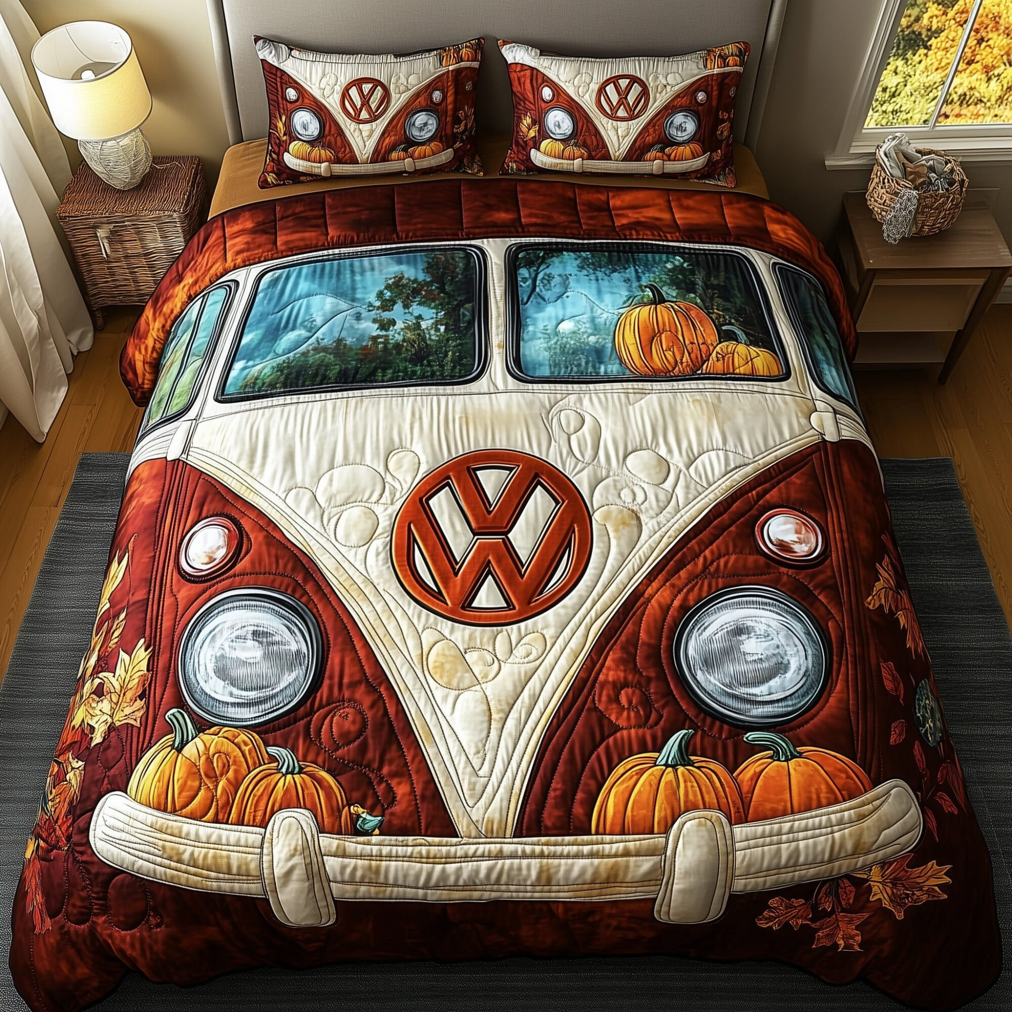 Fall Foliage Camper Quilted Bedding Set Pumpkin Bus Home Decor Best Bedding Gifts