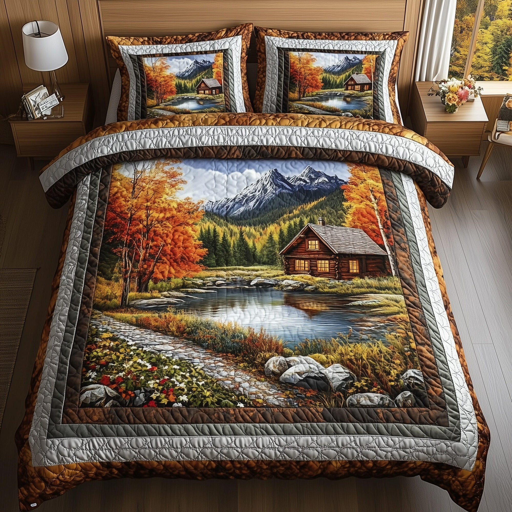 Fall Forest Retreat Quilted Bedding Set Autumn Leaves Scenery Unique Fall Bedding Gifts