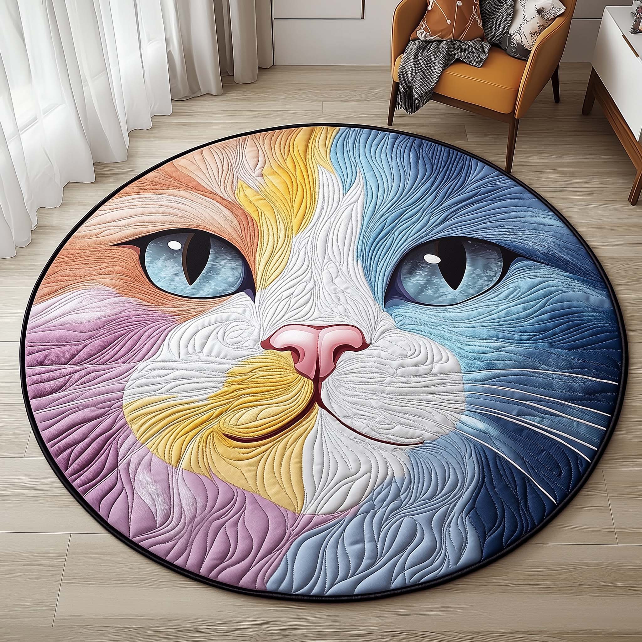 Fantasy Rainbow Cat Quilted Round Mat Non-Slip Quilted Round Mat for Safety and Style