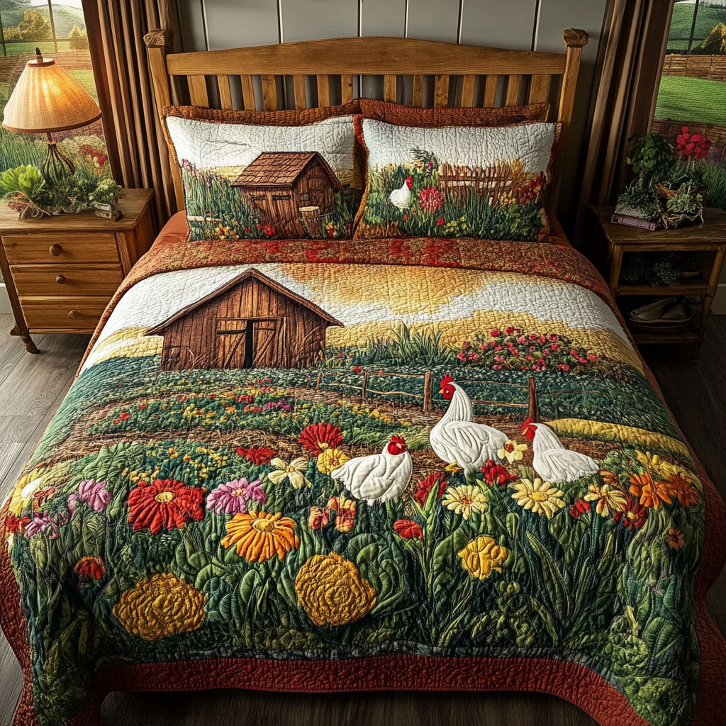 Farmhouse Sunrise Quilted Bedding Set Holiday Duvet Covers Chicken Gifts For Chicken Lovers