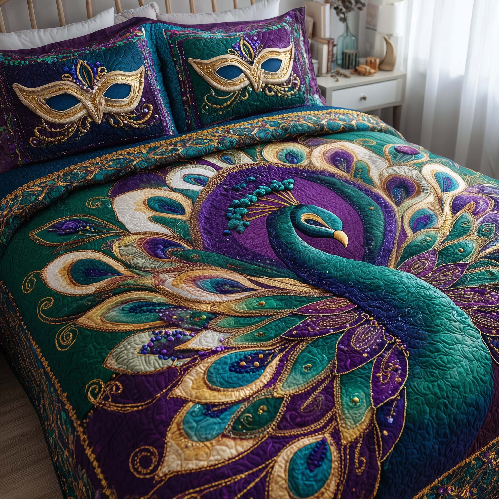 Festi Feather Quilted Bedding Set Comforter Sets Queen Mardi Gras Gift Shop