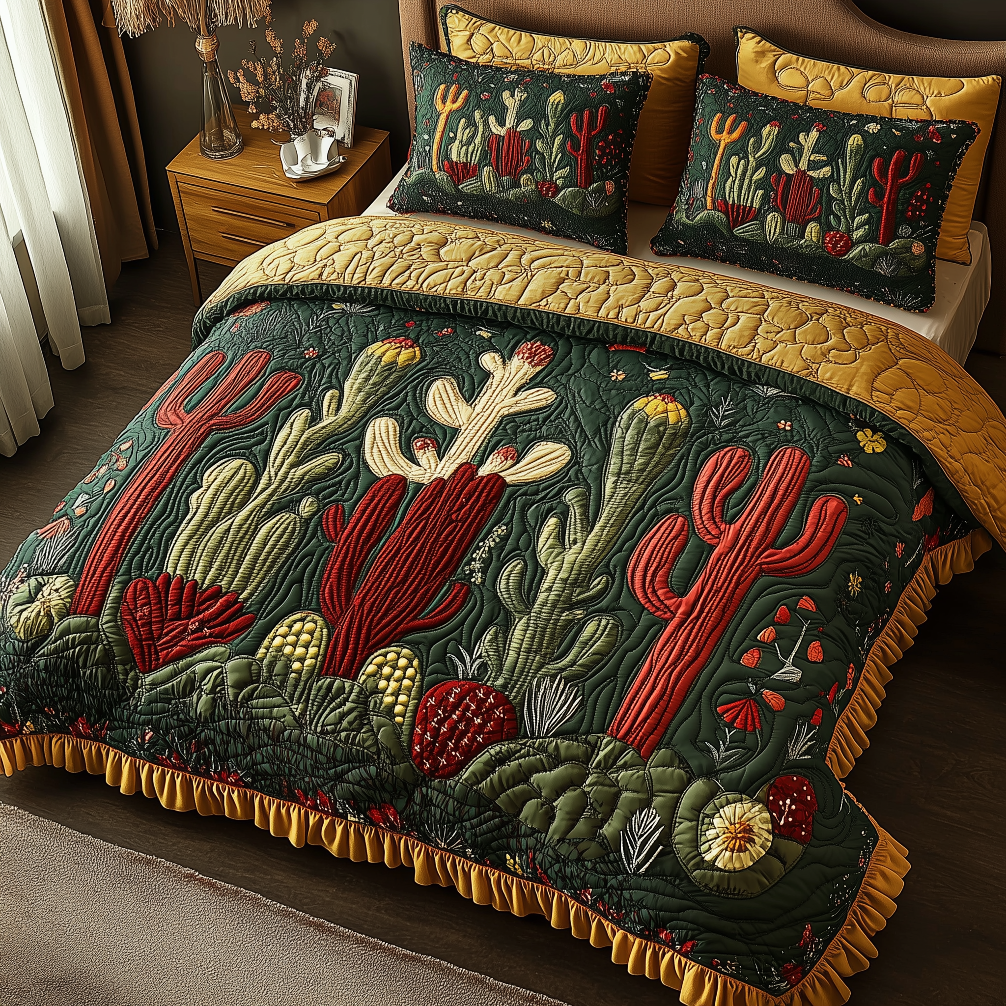 Festive Cactus Quilted Bedding Set Xmas Bed Sheets Christmas Presents For Girlfriend