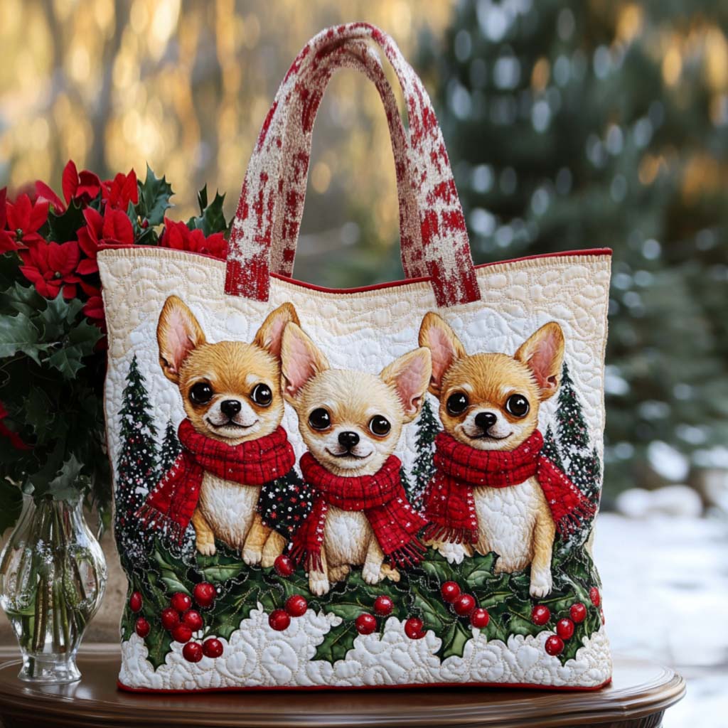 Festive Chihuahua Quilted Tote Bag Cute Tote Bags Chihuahua Themed Gifts