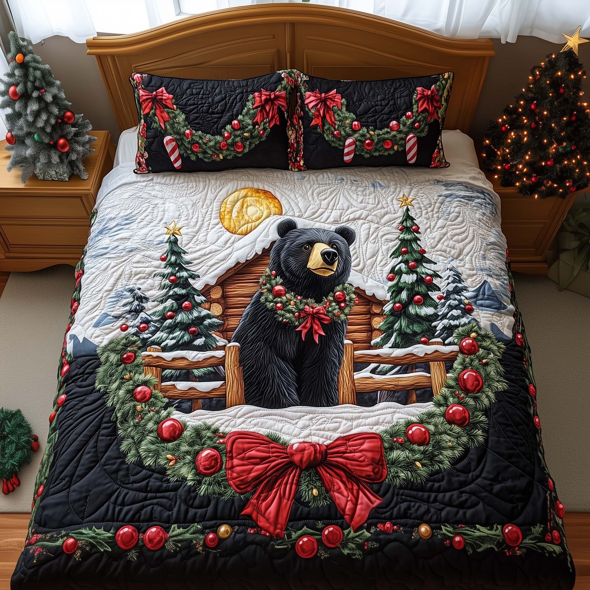 Festive Fence Quilted Bedding Set Xmas Room Decorations Bear Gifts For Mom Mother's Day