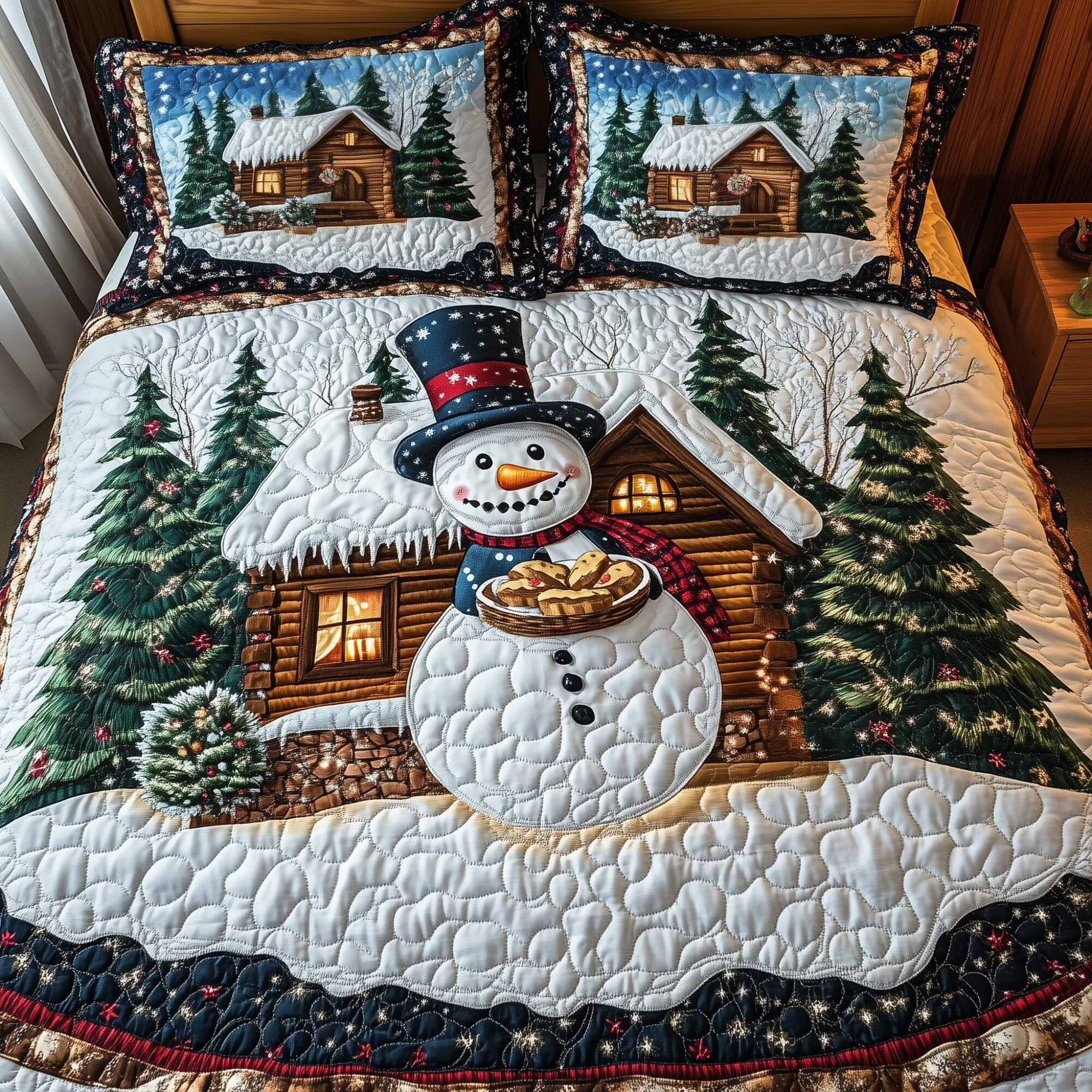 Festive Forest Cottage Cabin Quilted Bedding Set Snowman Party Best Bedding Gifts