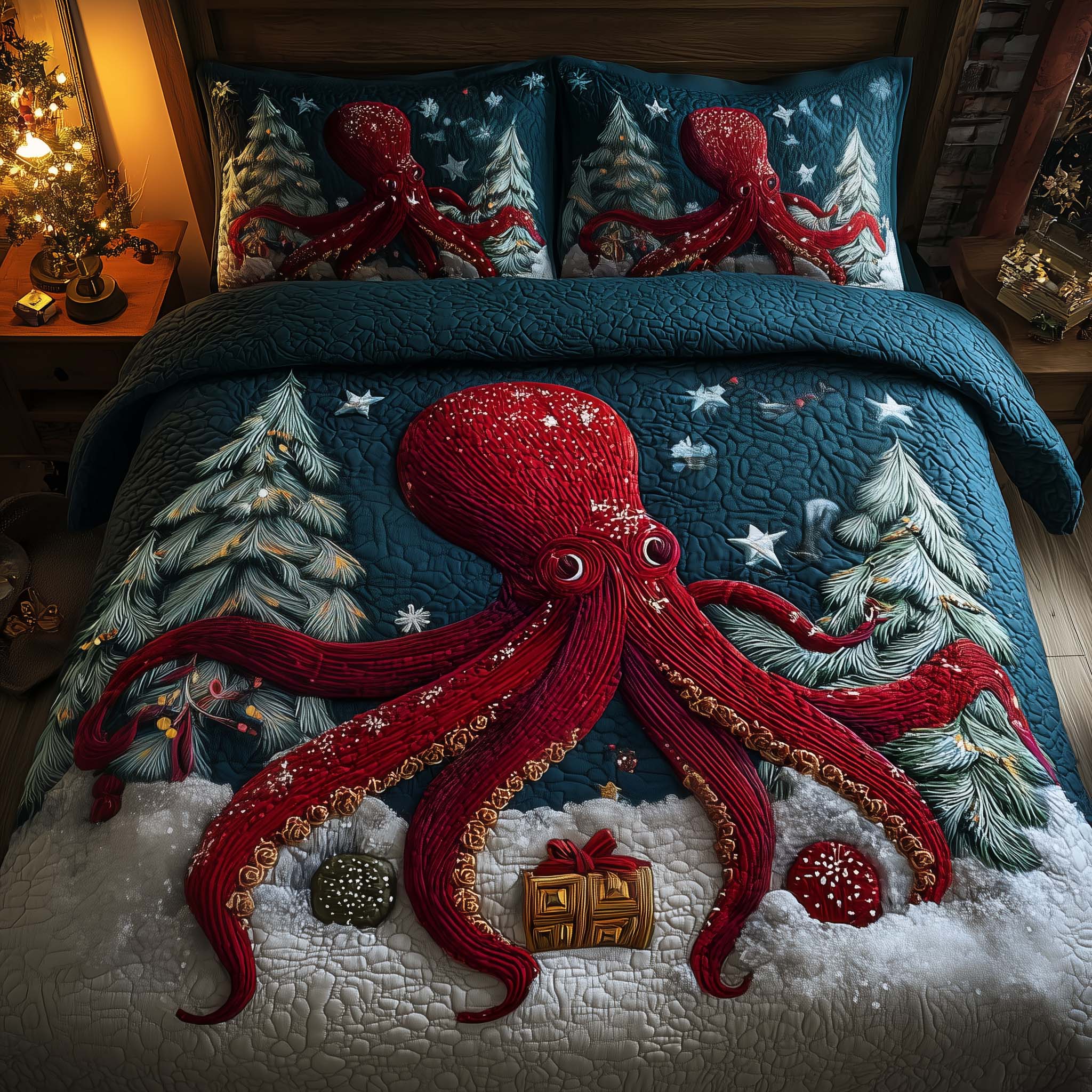 Festive Octopus Quilted Bedding Set Christmas Bed Sheets Beach Themed Gift Ideas