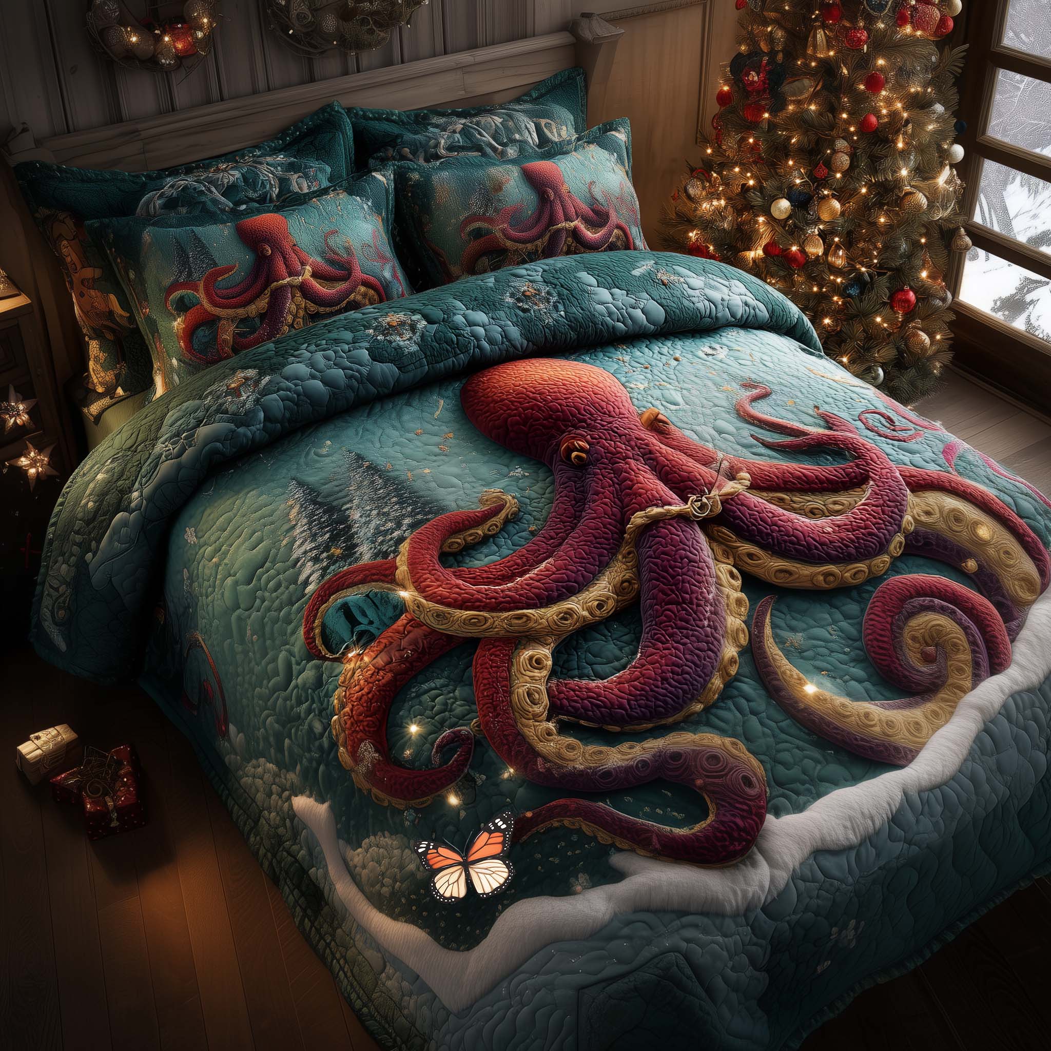 Festive Octopus Quilted Bedding Set Christmas Bedding On Sale Summer Beach Gifts