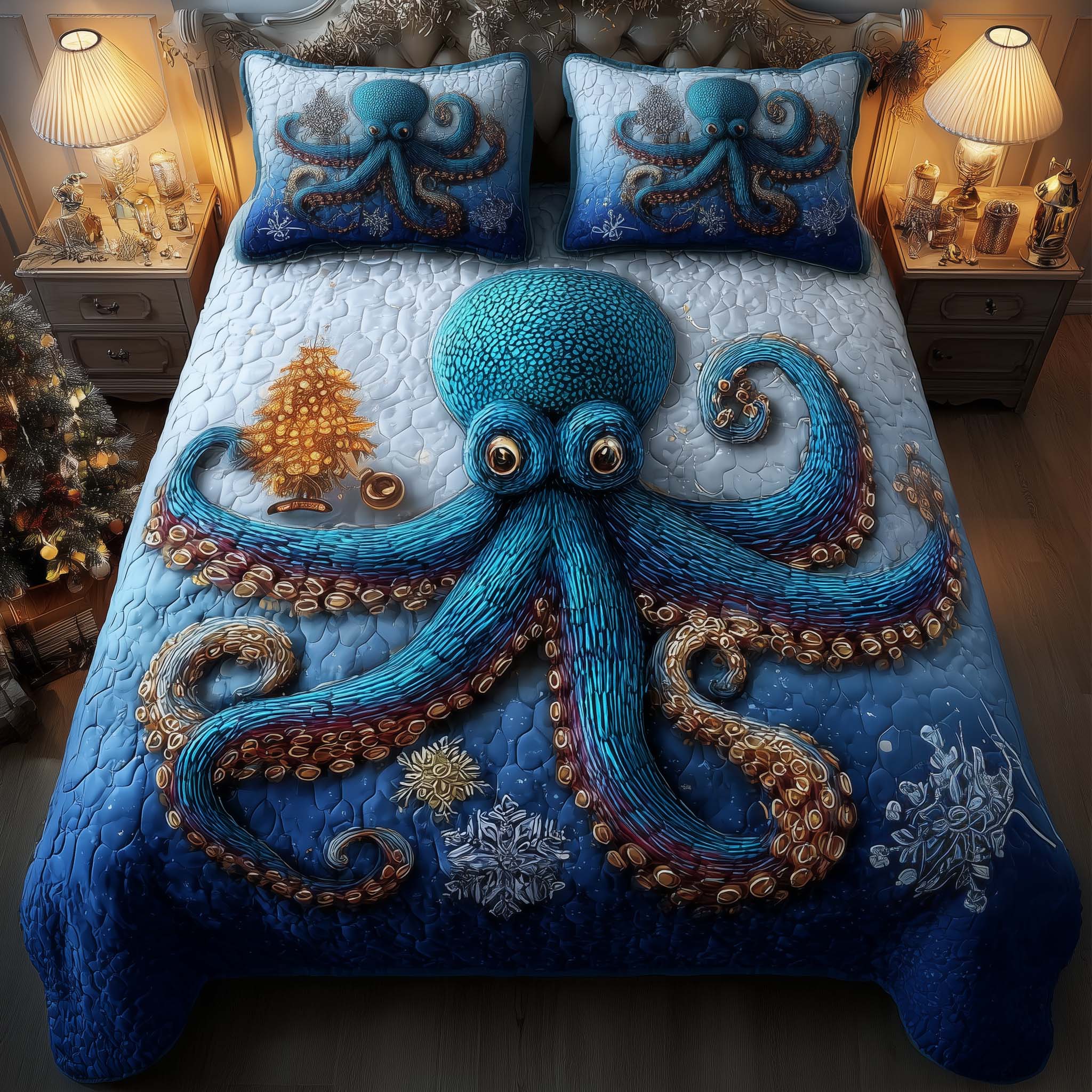 Festive Octopus Quilted Bedding Set Christmas Bedding Set Gifts For Someone Who Loves The Beach