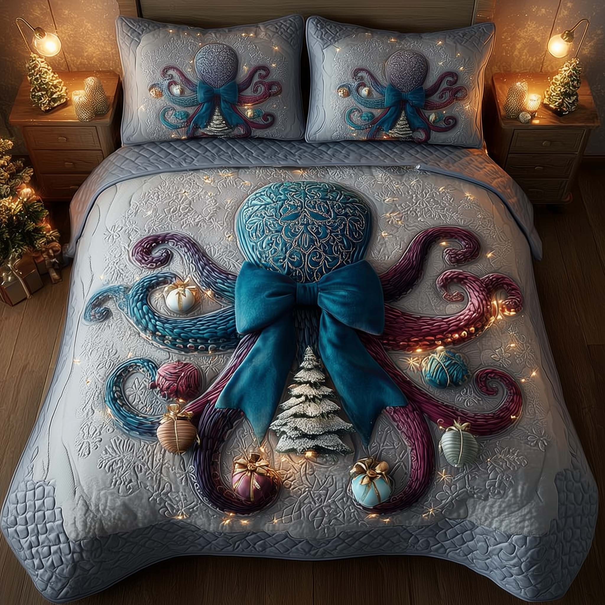 Festive Octopus Quilted Bedding Set Christmas Comforter Gifts For Beach Goers