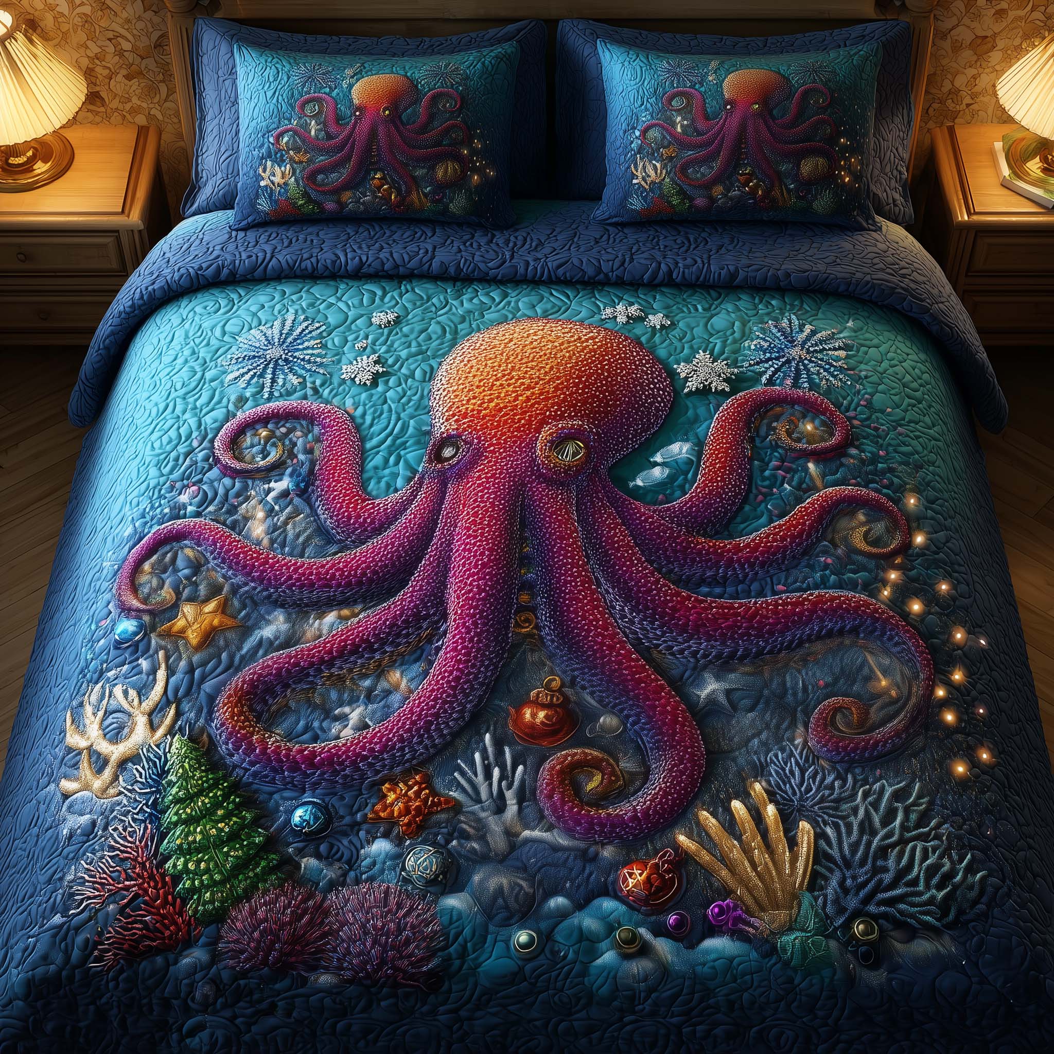 Festive Octopus Quilted Bedding Set Christmas Comforter Sets Gift Ideas For Beach Lovers