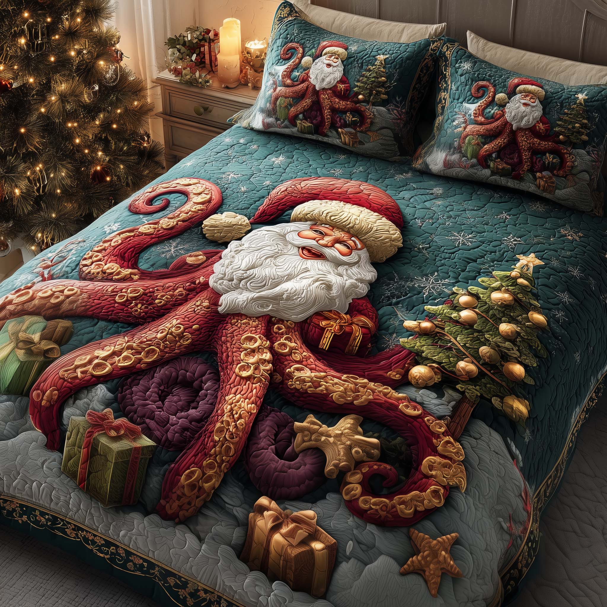 Festive Octopus Quilted Bedding Set Christmas Duvet Cover Gifts For Someone Who Likes The Beach