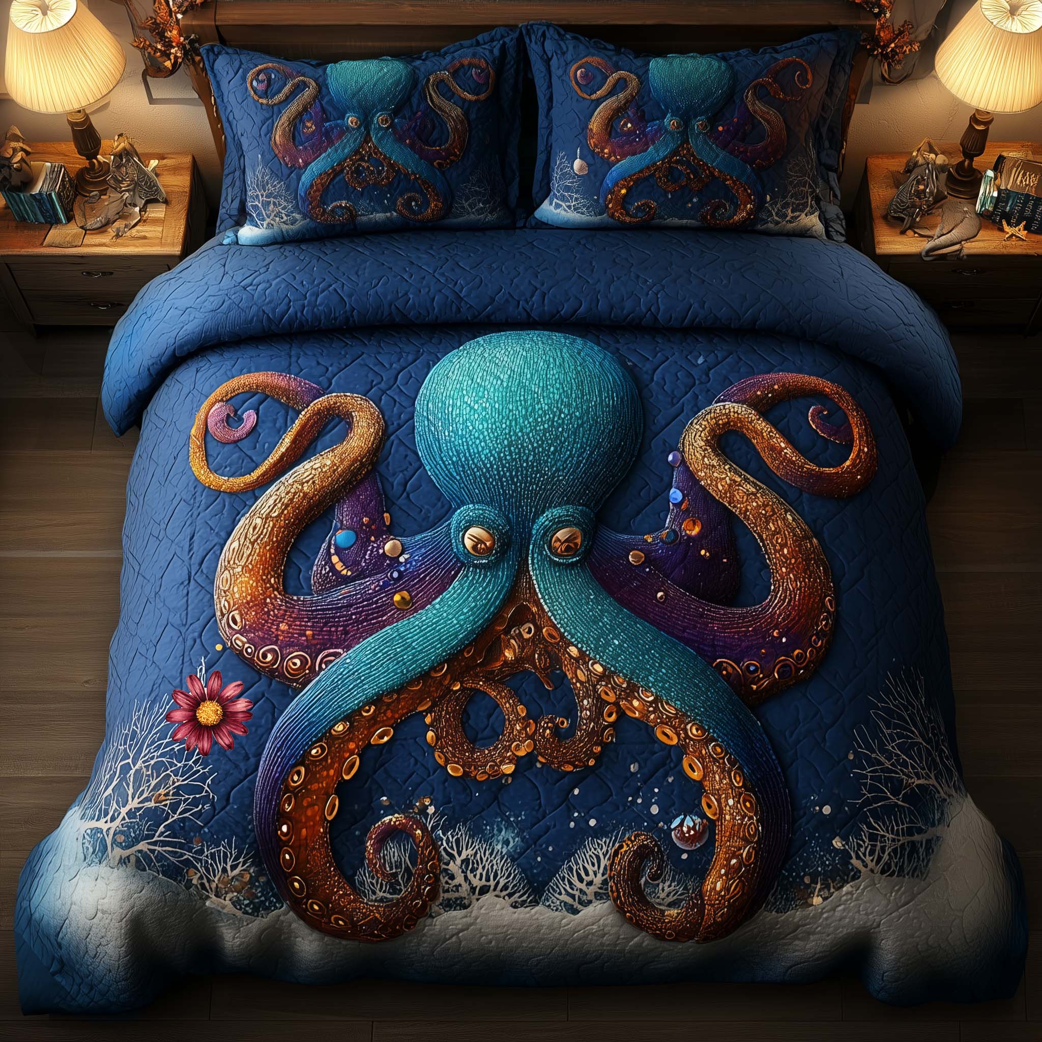 Festive Octopus Quilted Bedding Set Christmas Sheets Queen Christmas Gifts For Beach Lovers