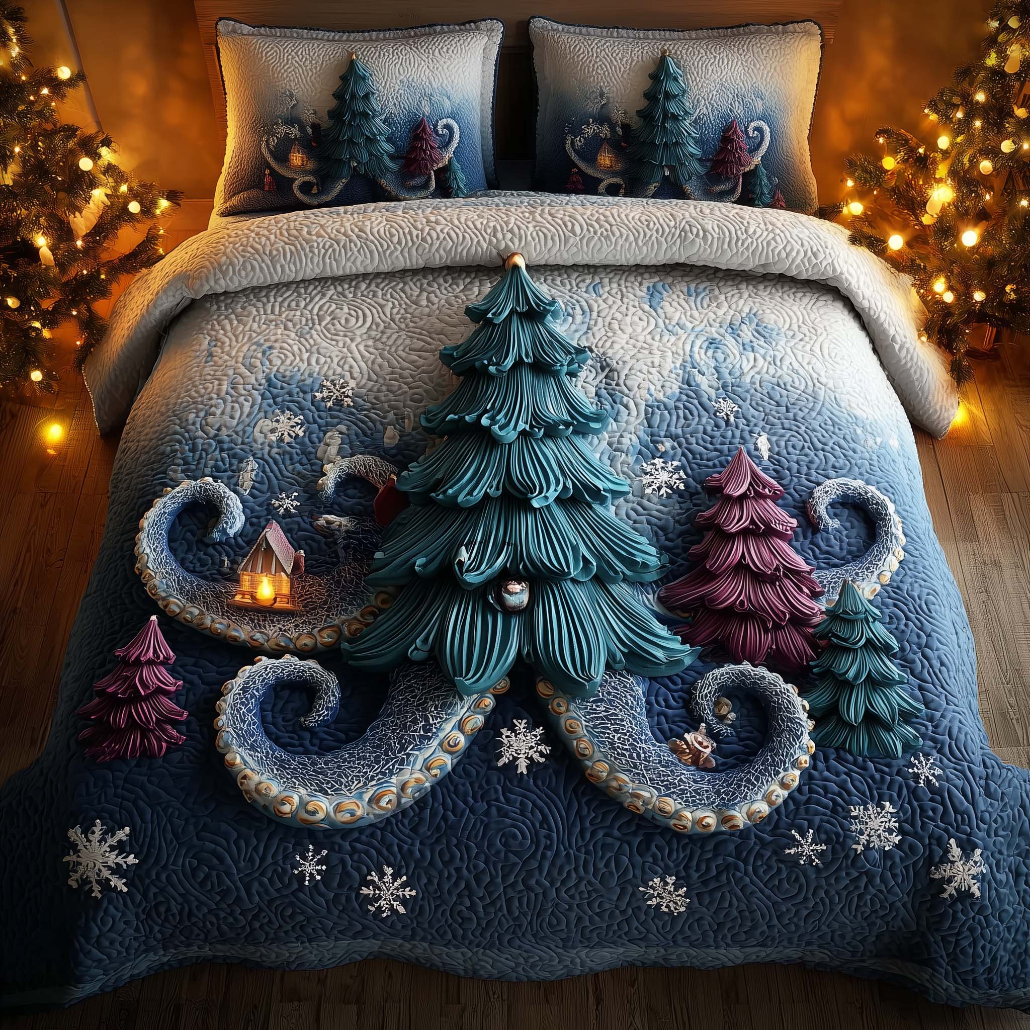 Festive Octopus Quilted Bedding Set Holiday Bedroom Decor Gifts For People Who Love The Beach