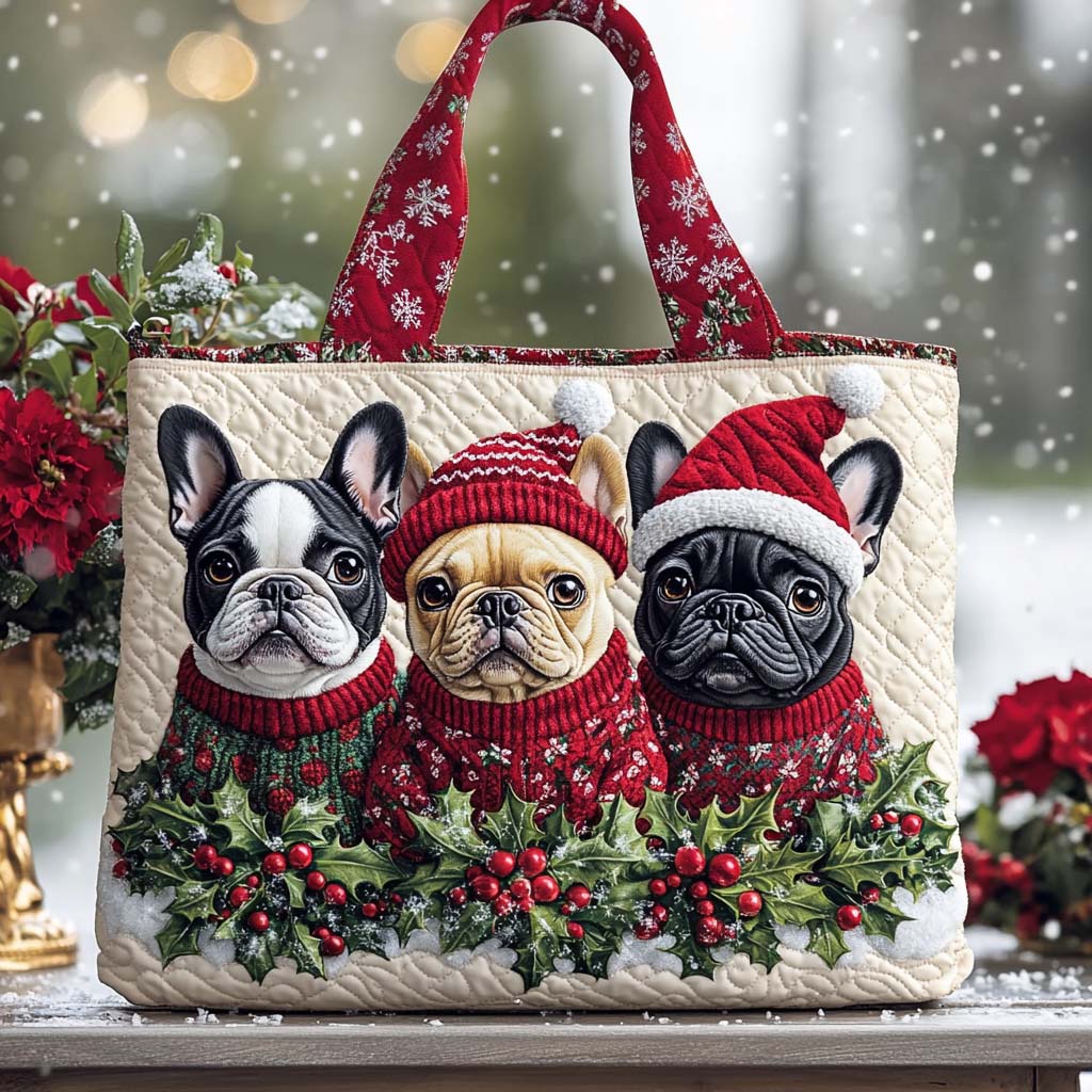 Festive Paris Pup Quilted Tote Bag Trendy Tote French Bulldog Mom Gifts