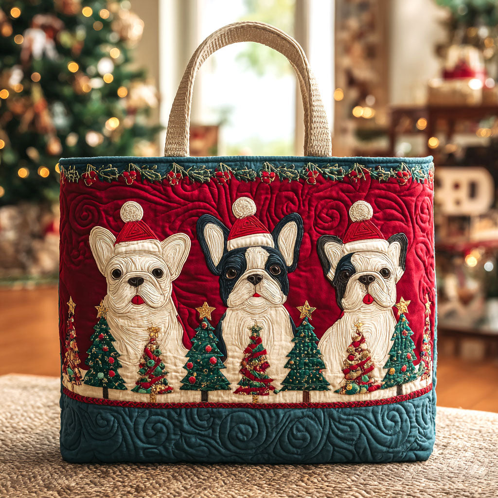 Festive Pups Quilted Tote Bag Perfect Shoulder Bag Frenchie Christmas Presents