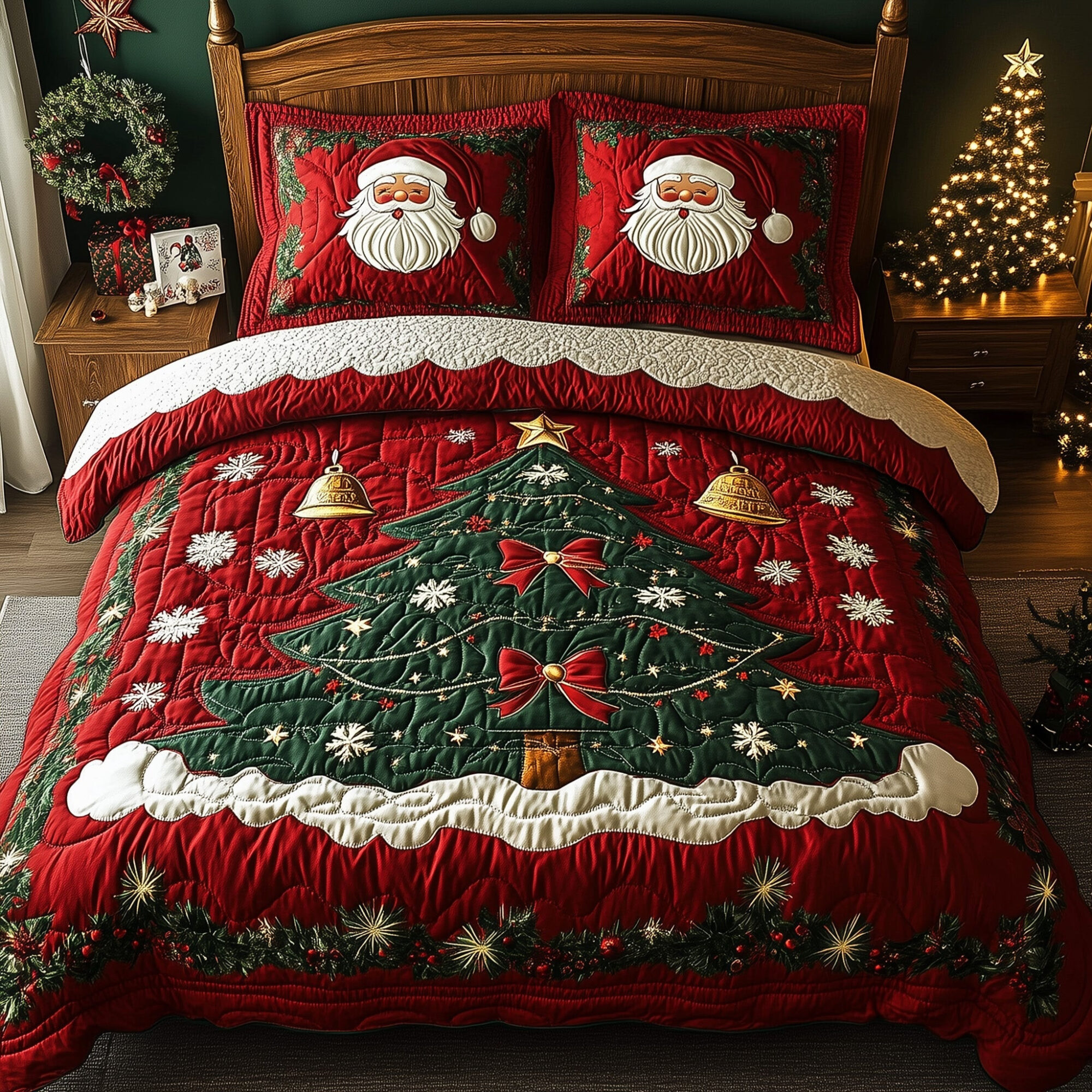 Festive Santa Quilted Bedding Set Xmas Tree Best Christmas Day Gift Ideas