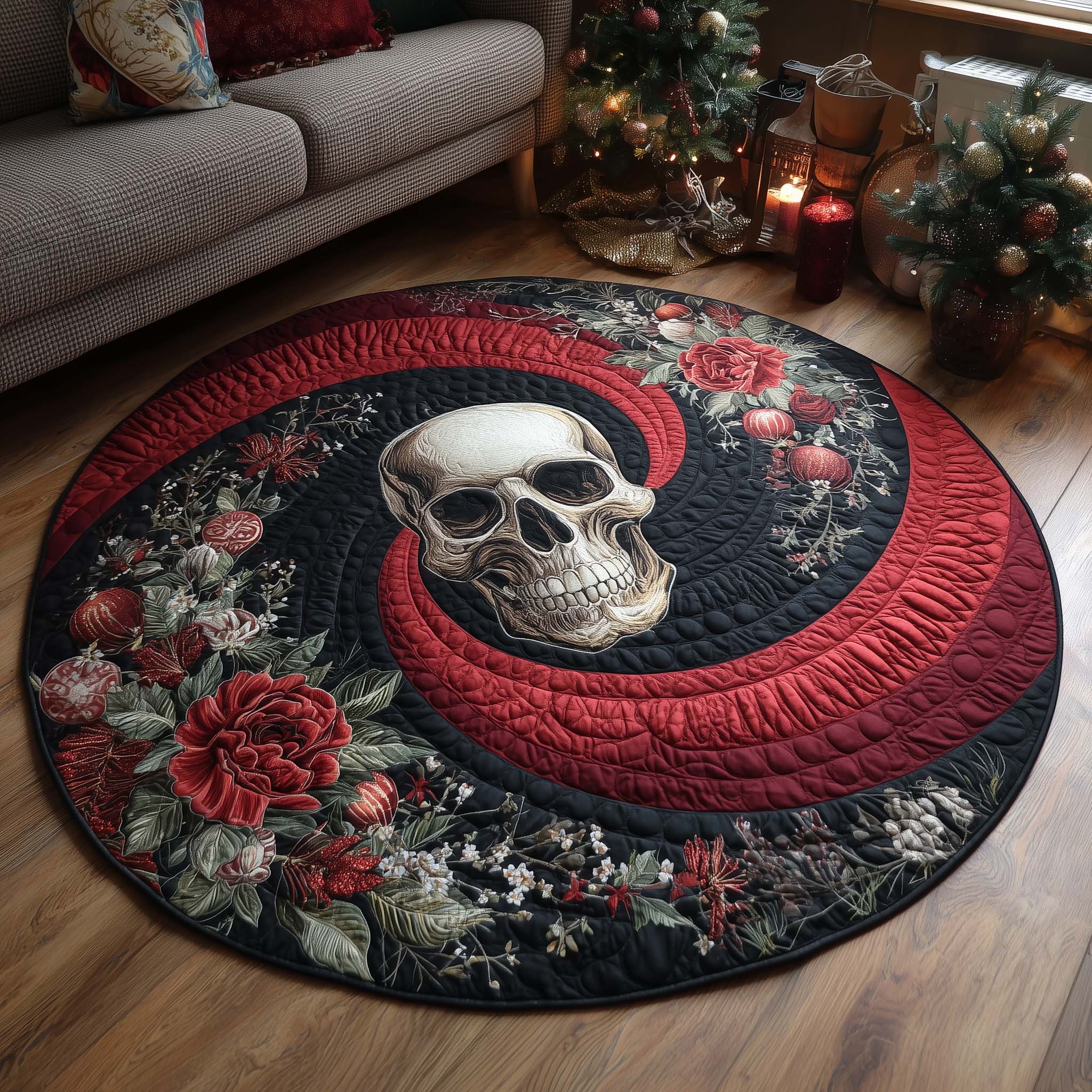 Festive Skull Quilted Round Mat Decorative Quilted Round Mat for Elegant Spaces