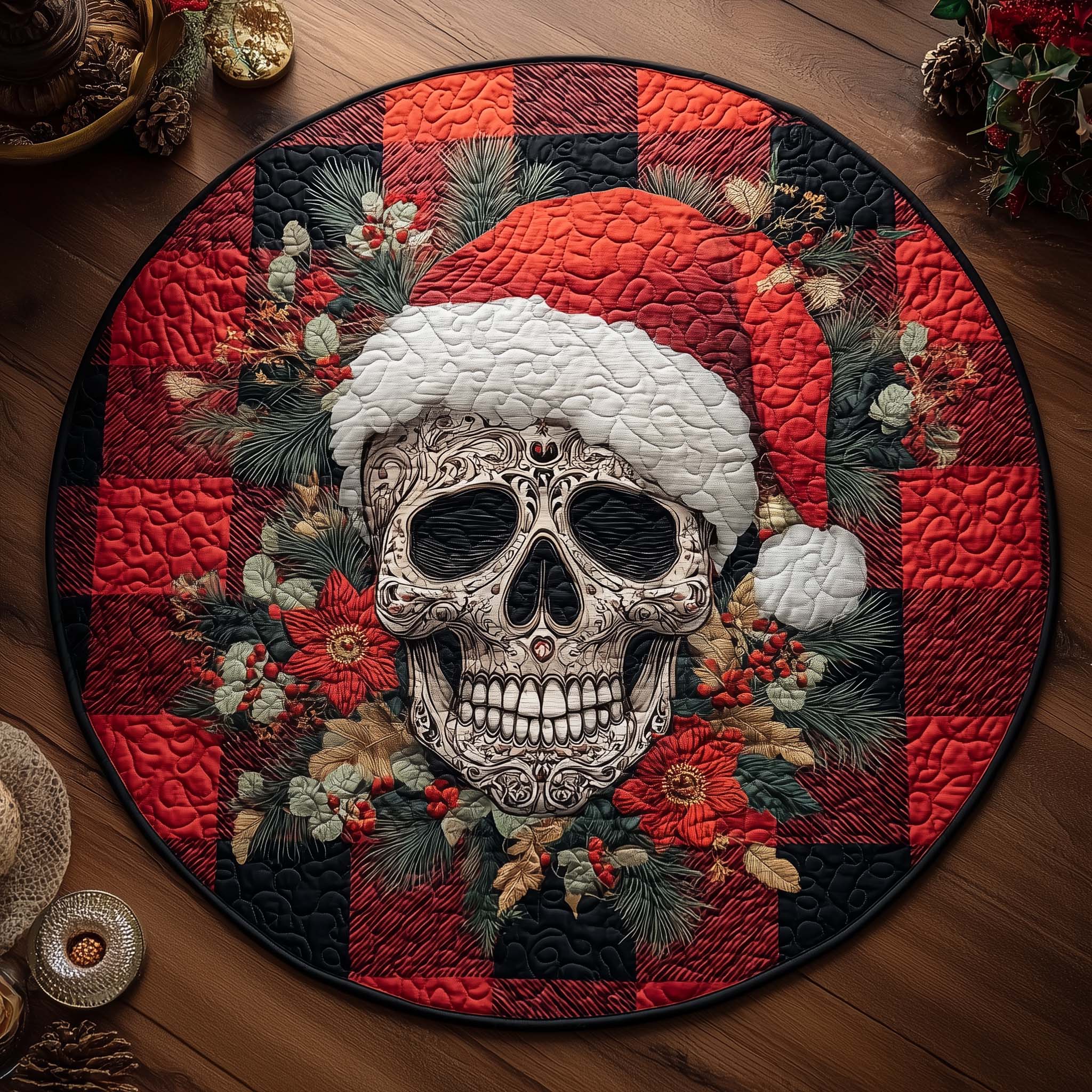 Festive Skull Quilted Round Mat High-Quality Quilted Round Mat for Soft Comfort