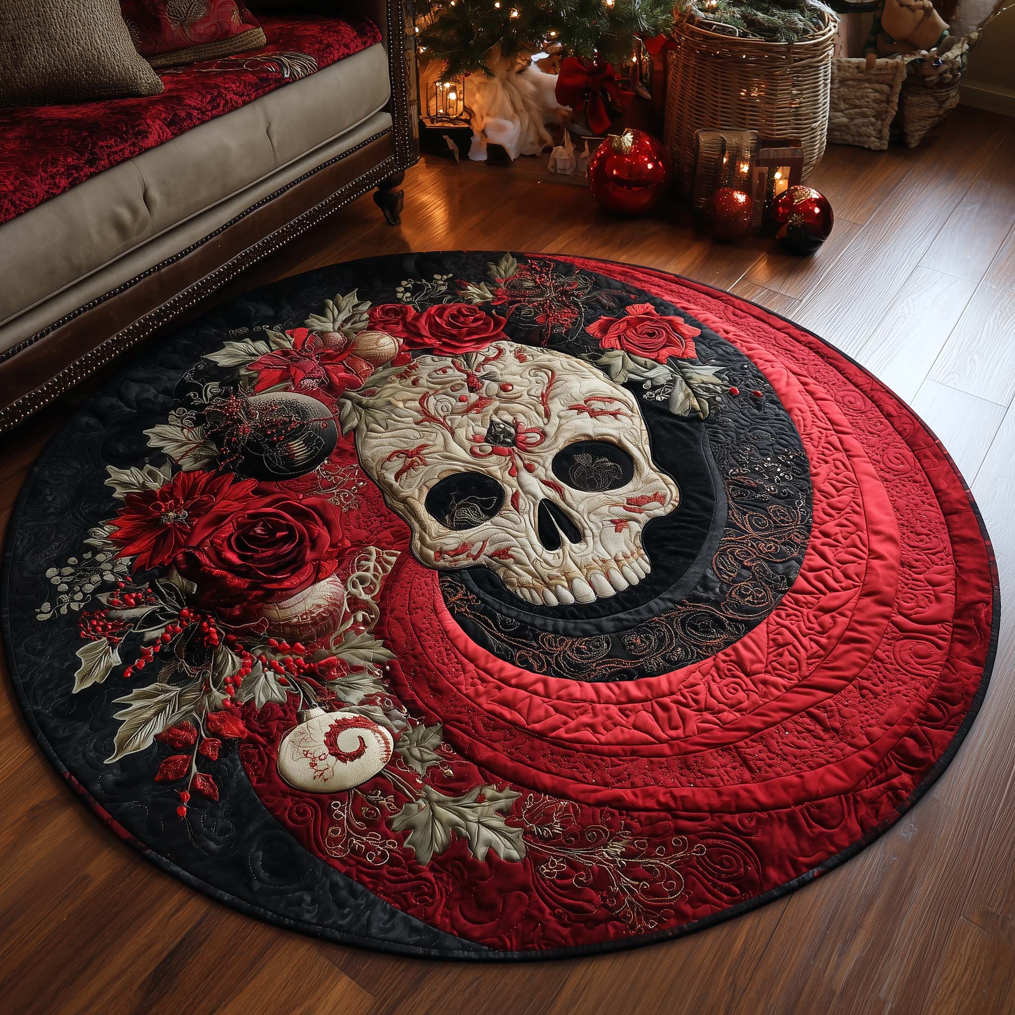 Festive Skull Quilted Round Mat High-Quality Quilted Round Mat for Soft Comfort