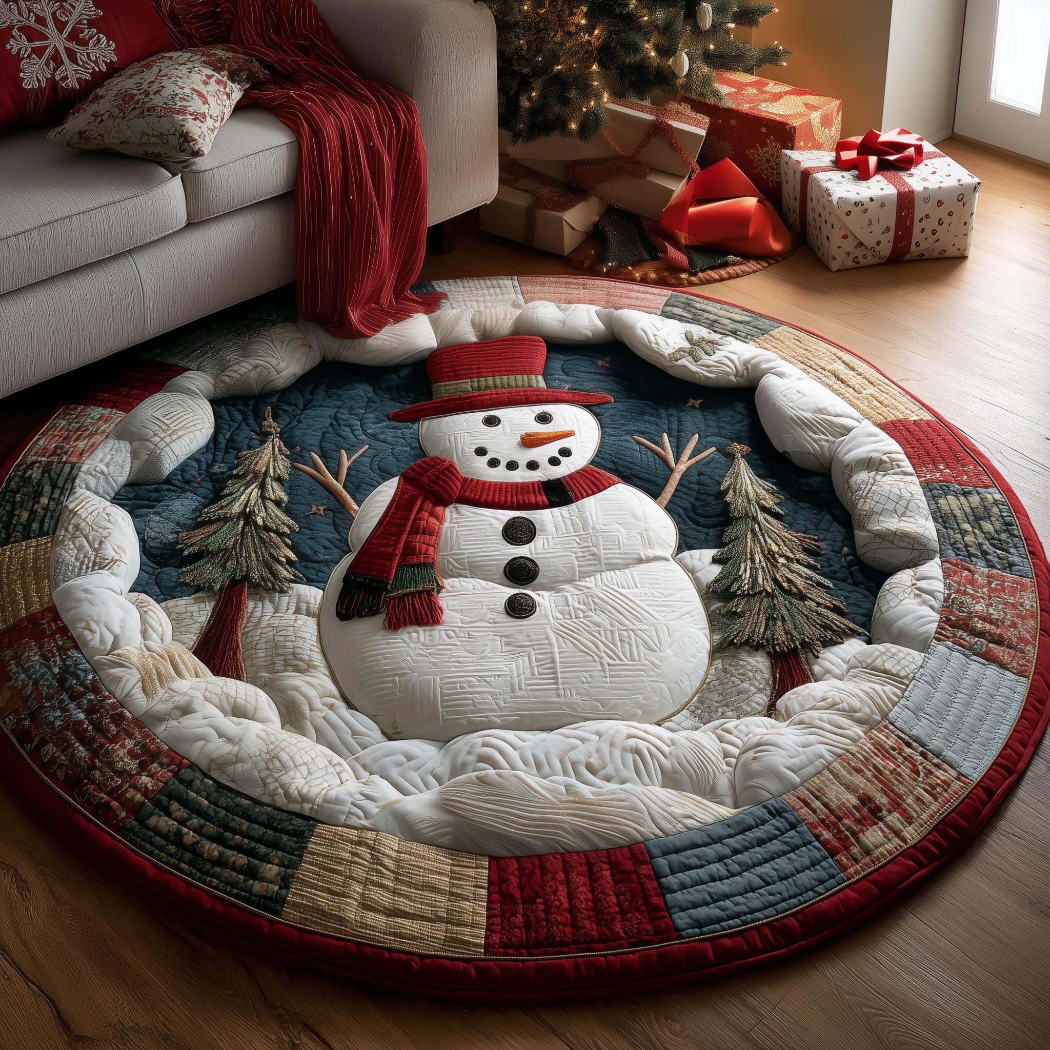 Festive Snowman Quilted Round Mat High-Quality Quilted Round Mat for Soft Comfort