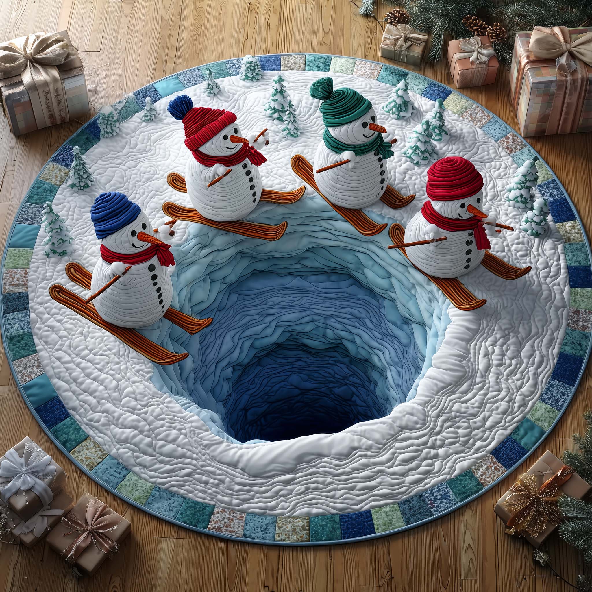 Festive Snowman Quilted Round Mat Soft Cotton Quilted Round Mat for Daily Comfort