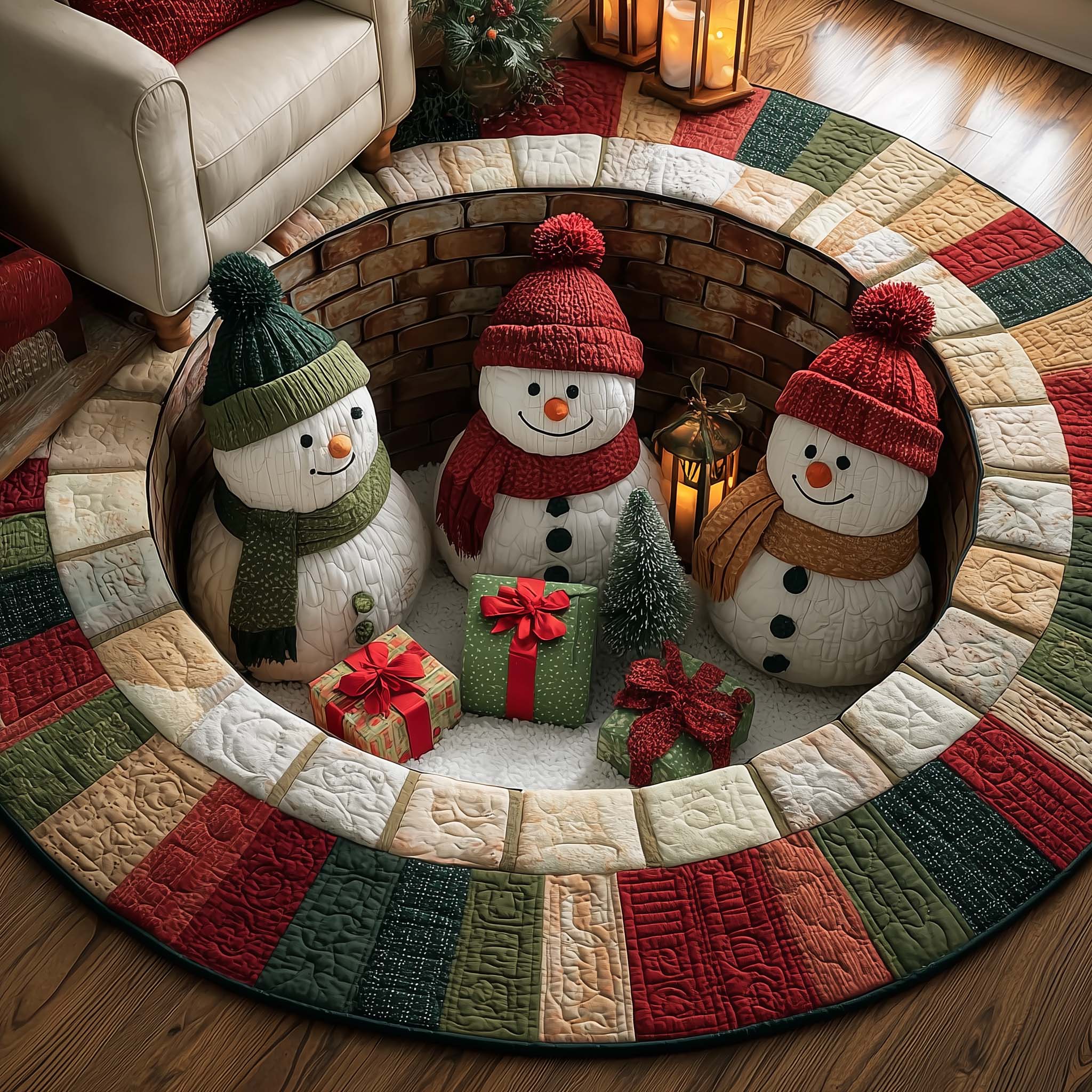 Festive Snowman Quilted Round Mat Soft Cotton Quilted Round Mat for Daily Comfort