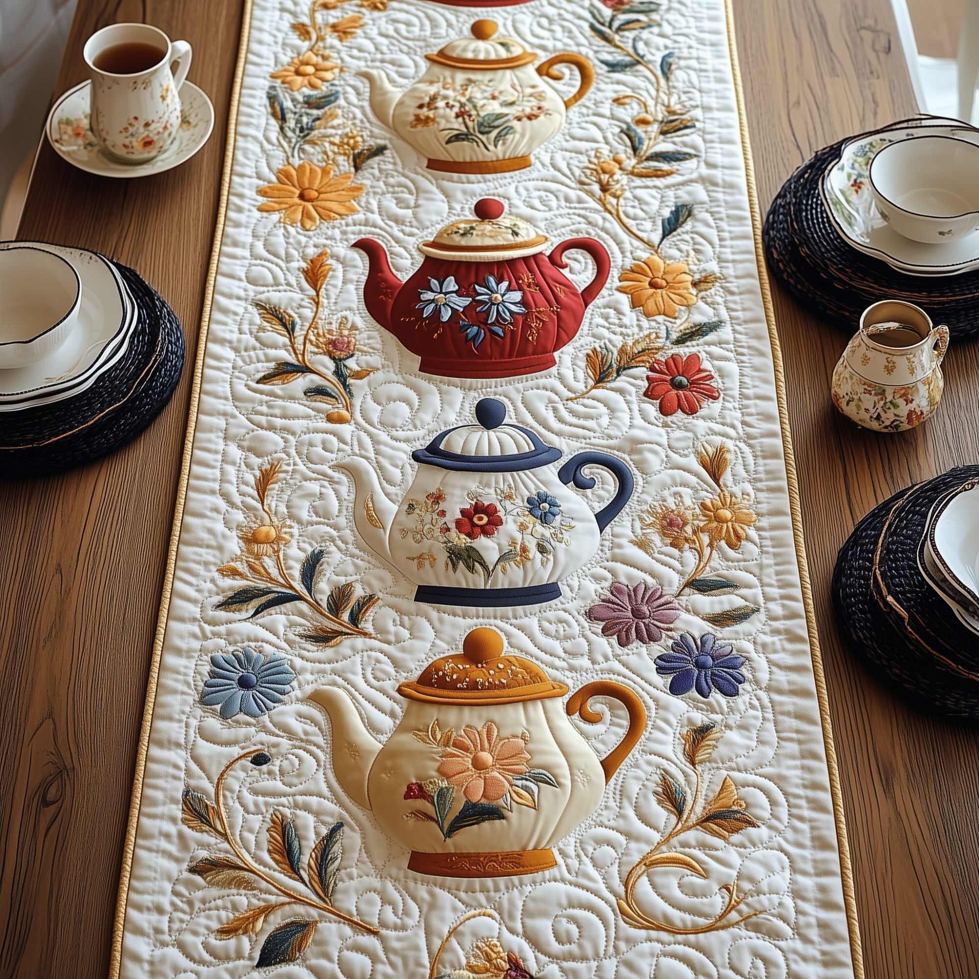 Festive Teapot Quilted Table Runner Dining Room Table Decor Ideas Tea Holiday Gifts