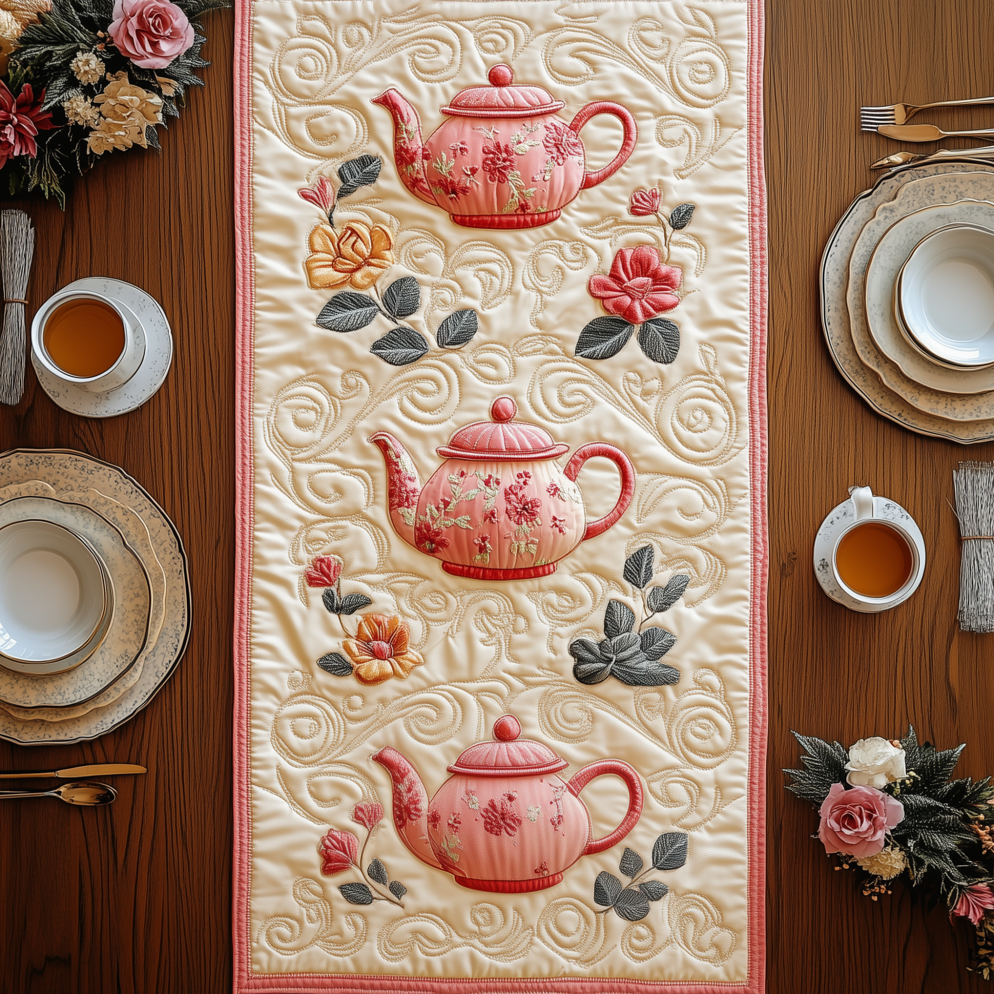 Festive Teapot Quilted Table Runner Dining Table Centerpiece Ideas Tea Holiday Gifts