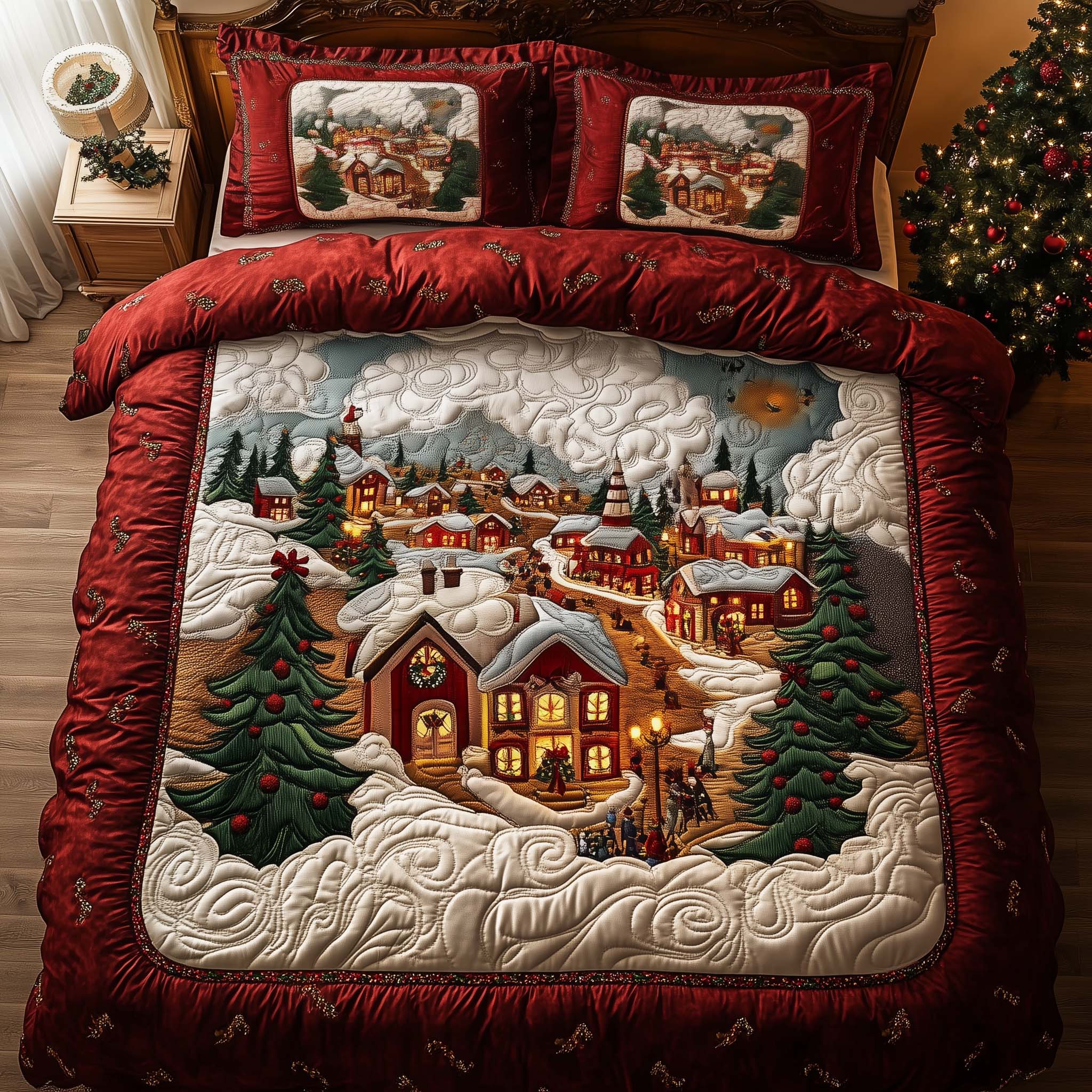 Festive Town Quilted Bedding Set Christmas Duvet Cover King Best Christmas Gifts For Mom