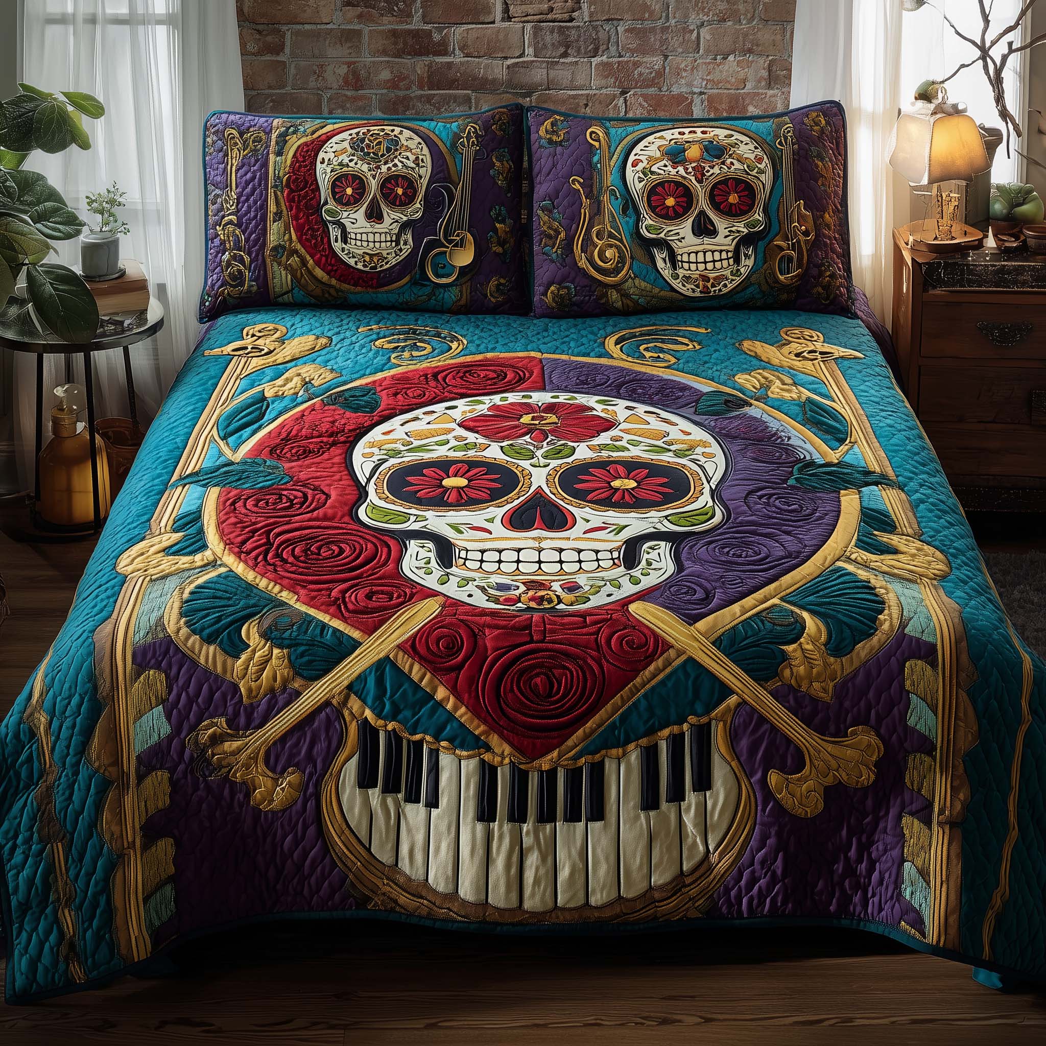 Fiesta Melody Quilted Bedding Set Best Queen Sheets Skull Gifts For Men Women
