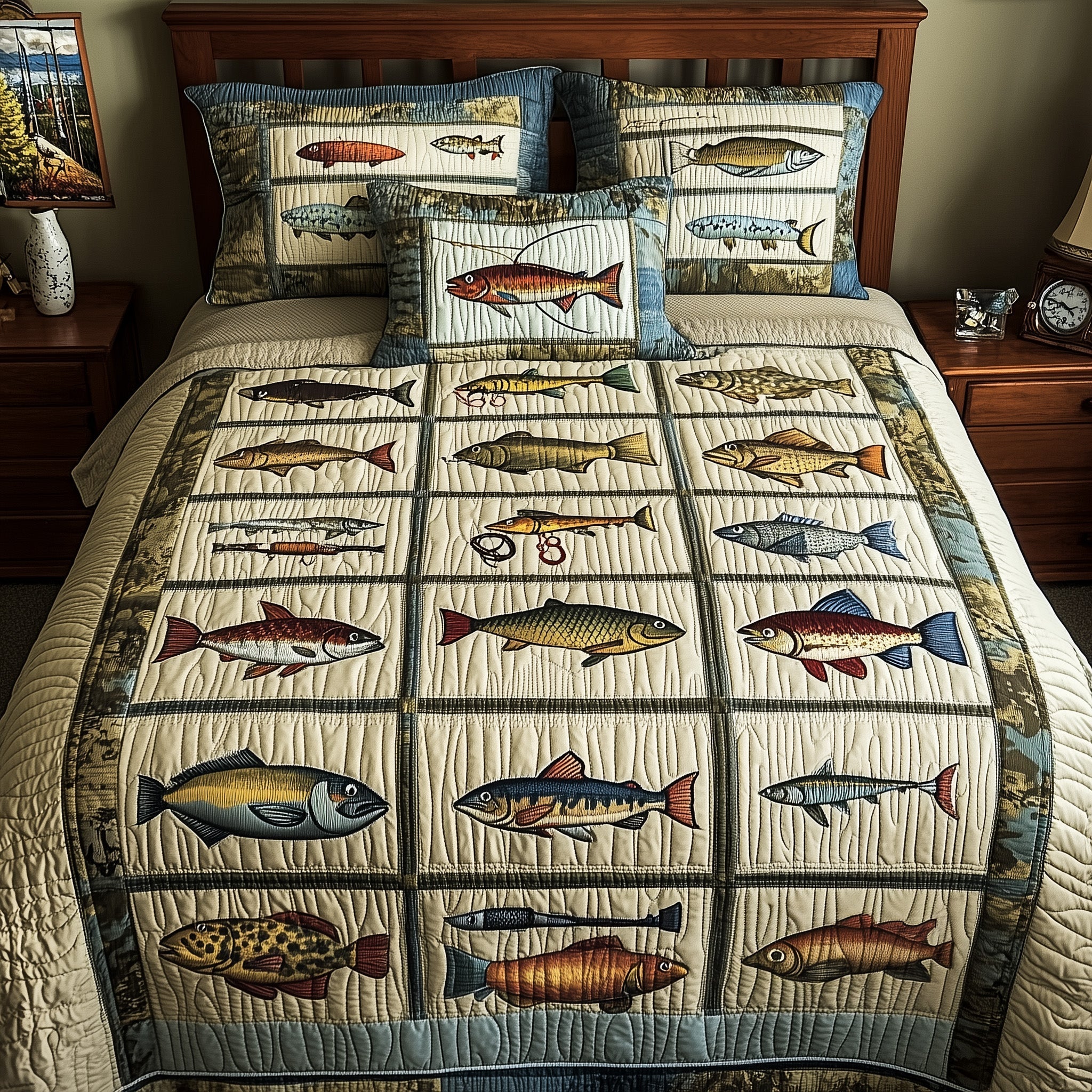 Fishing Adventure Quilted Bedding Set Bed Room Art Gift Ideas For Fishing Lovers