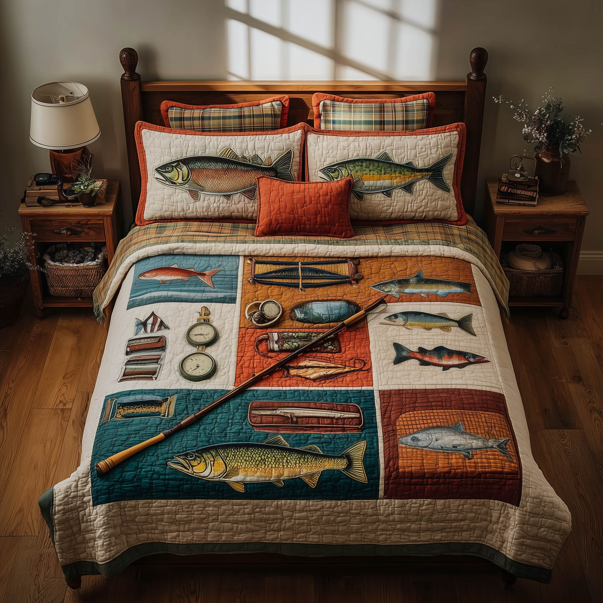 Fishing Delights Quilted Bedding Set Bed Comforter Set Cool Fishing Gifts