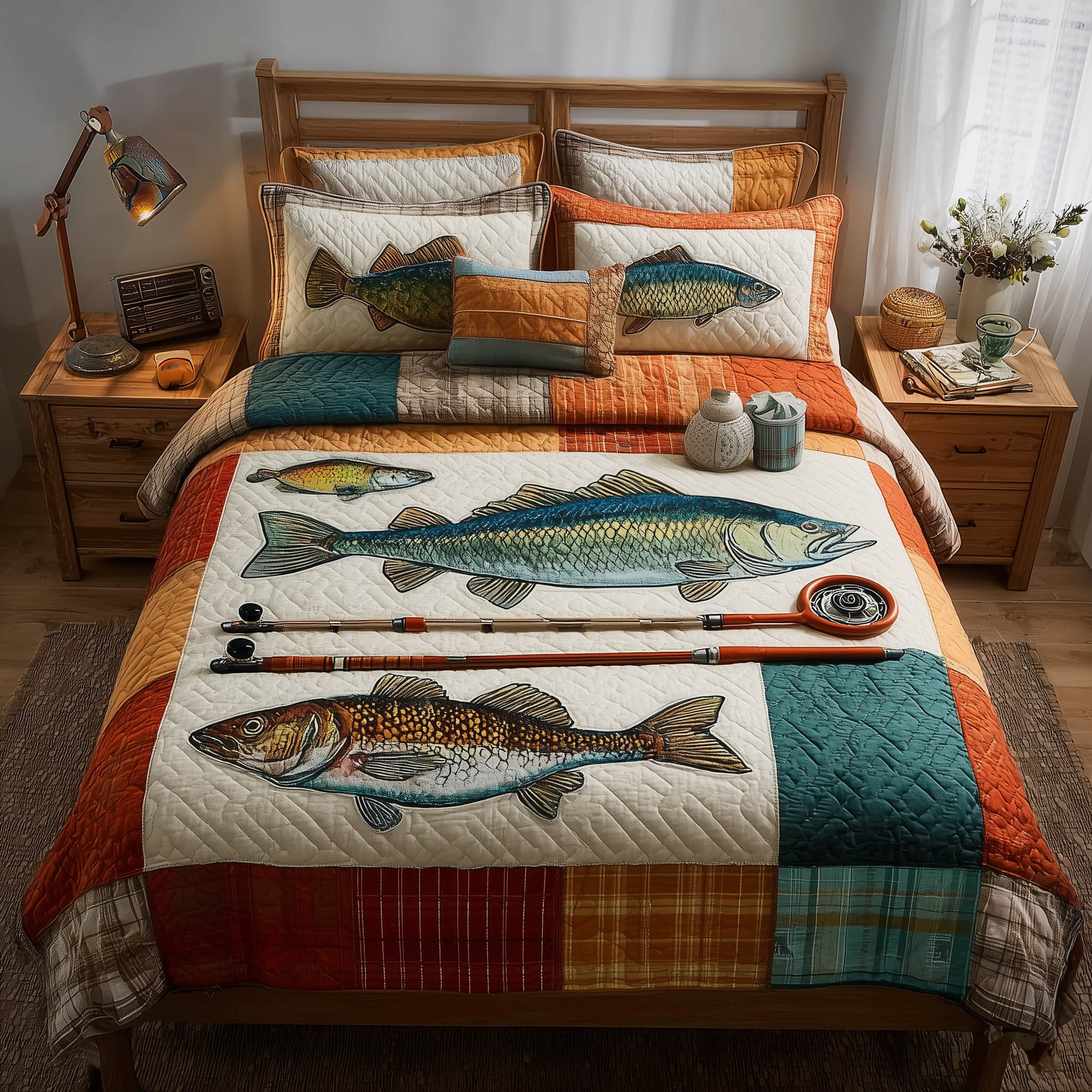 Fishing Delights Quilted Bedding Set Queen Bed Set Fishing Christmas Gifts