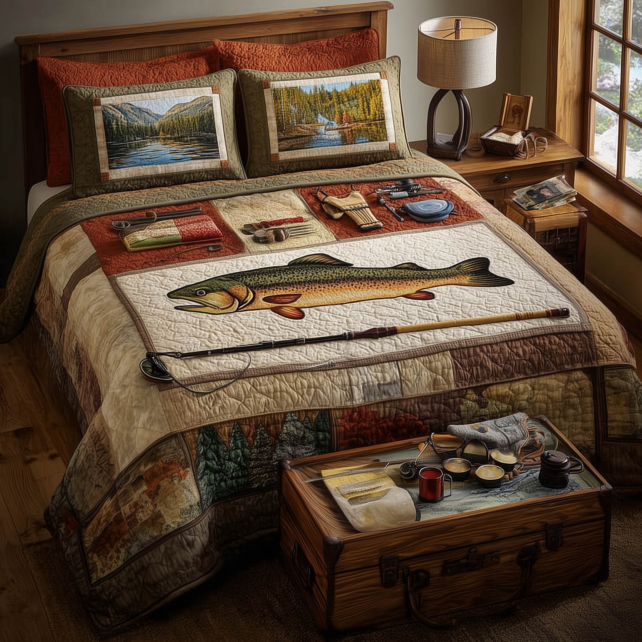 Fishing Delights Quilted Bedding Set Quilt Comforter Sets Fishing Gifts For Boyfriend