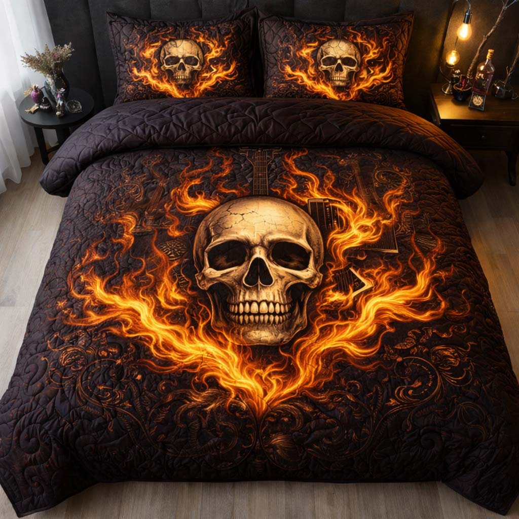 Flame Skull Quilted Bedding Set Best King Bed Sheets Skull Items For Gifts