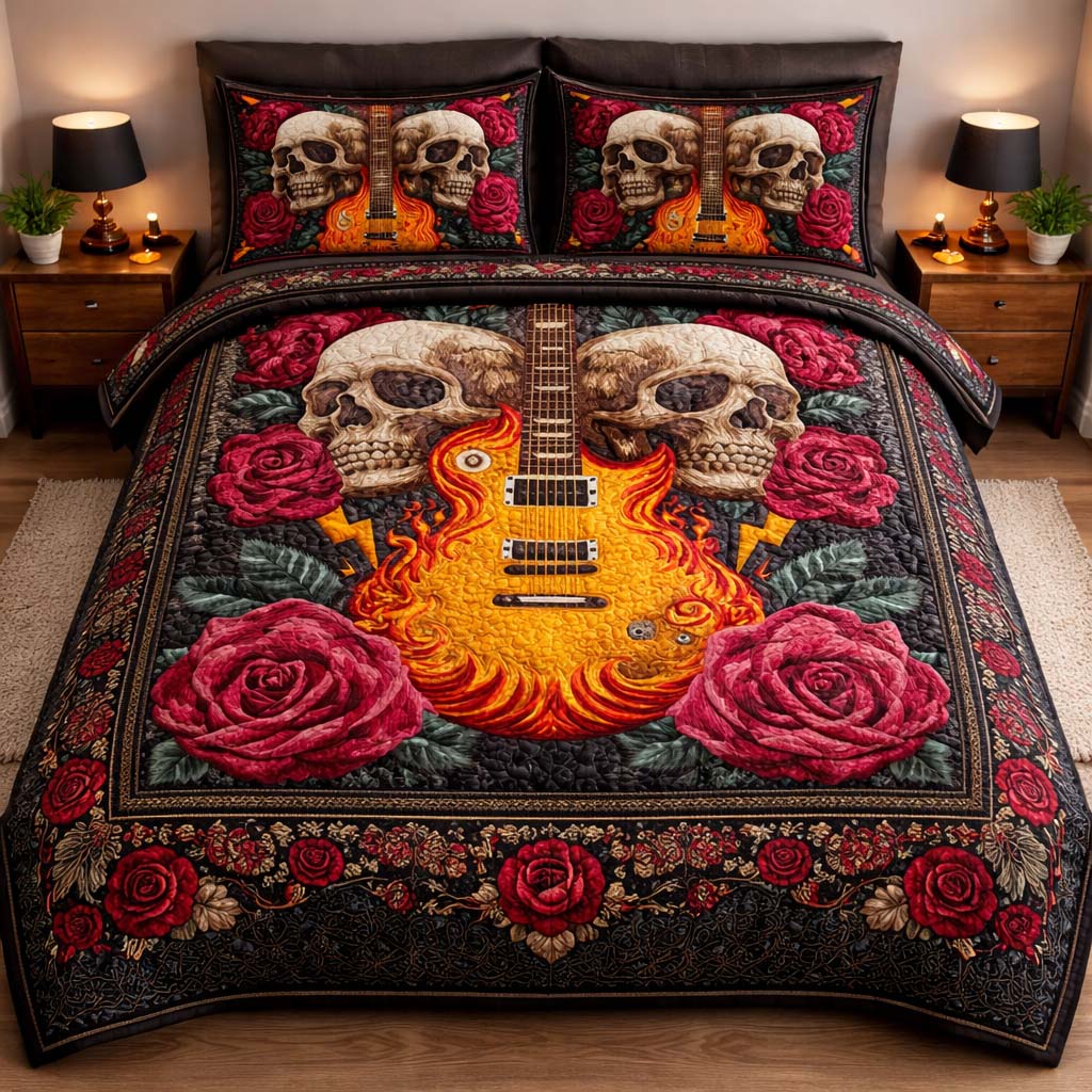 Flaming Guitar Skull Quilted Bedding Set Best Bedding Comforter Sets Skull Birthday Gifts